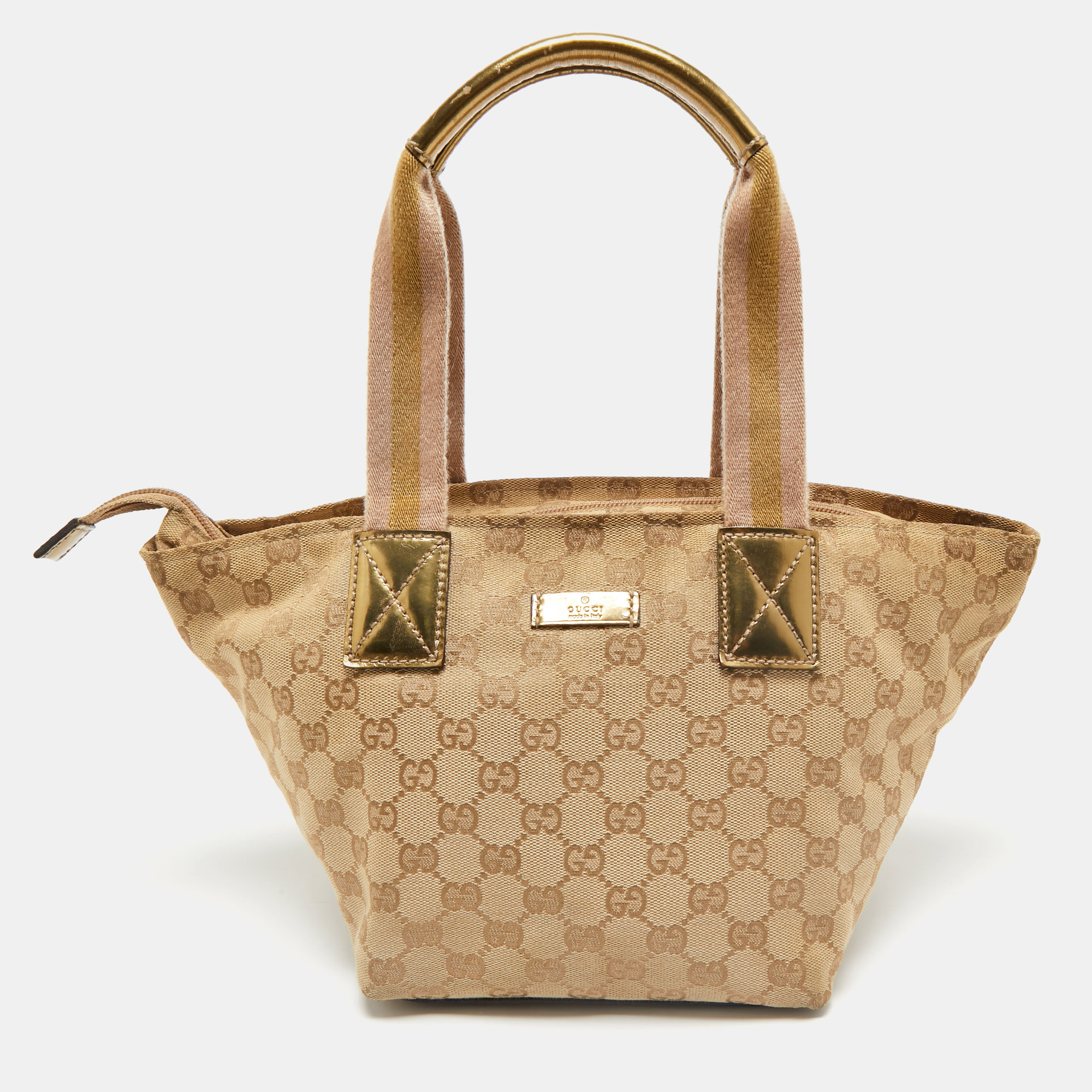 

Gucci Beige/Gold GG Canvas and Patent Leather  Web Tote