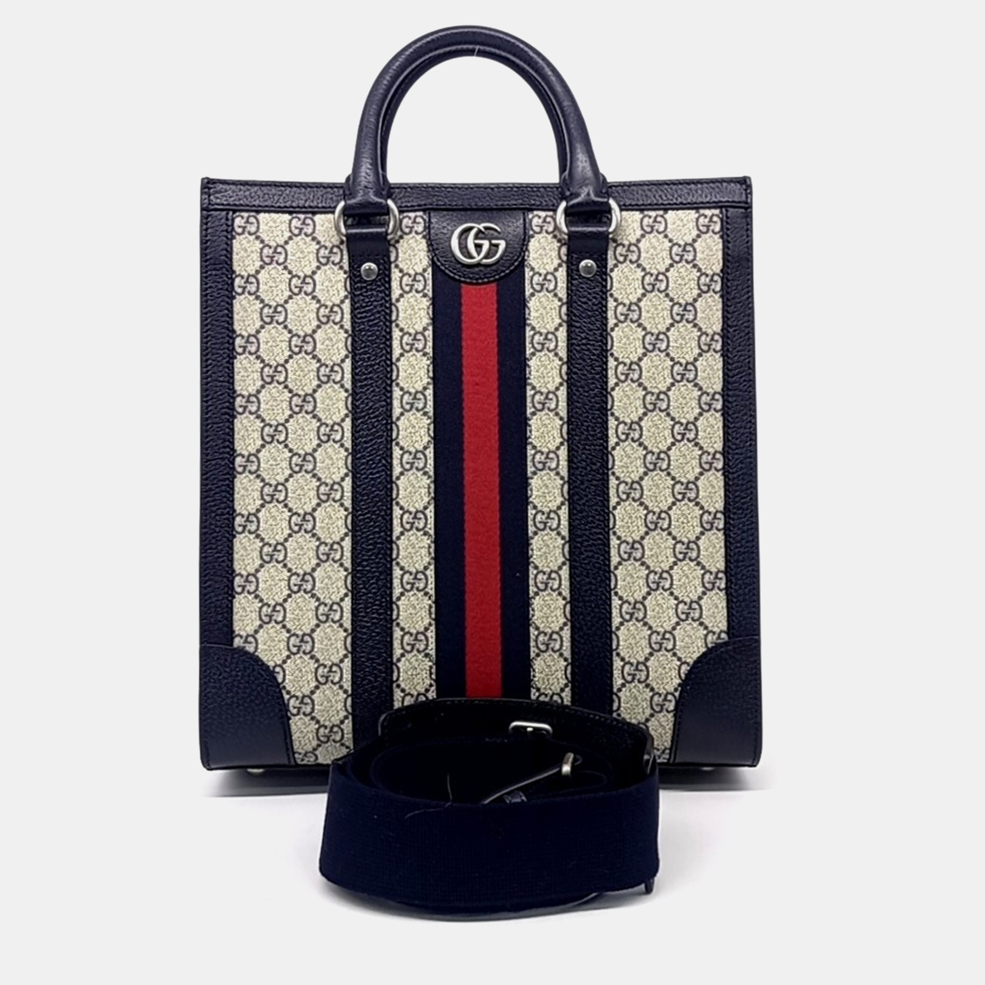 

Gucci Beige Navy Blue Leather and PVC Ophidia Tote Bag Medium
