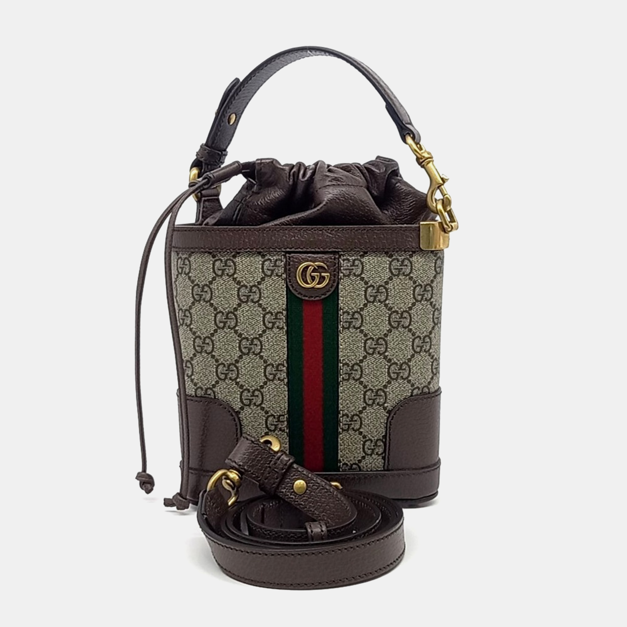 

Gucci Beige Brown Coated Canvas and Leather Ophidia GG Bucket Bag