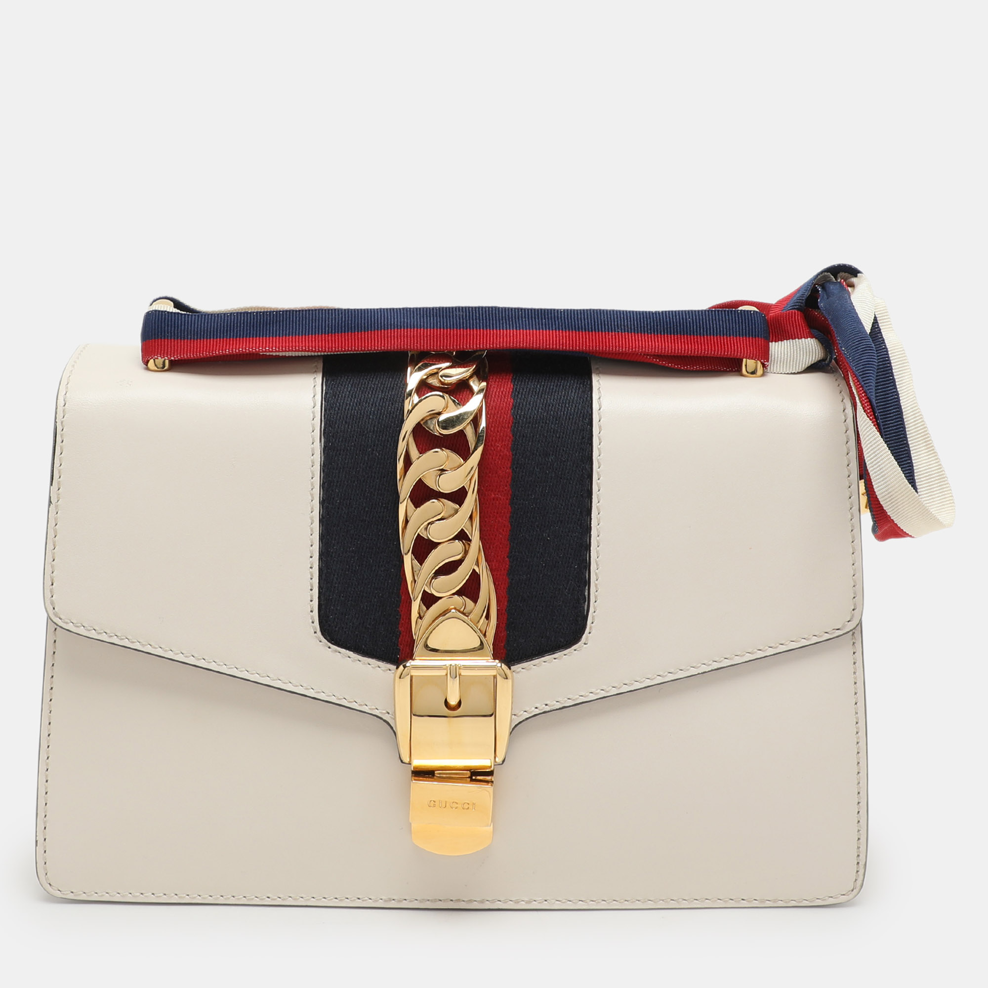 

Gucci White Leather Small Web Chain Sylvie Flap Shoulder Bag