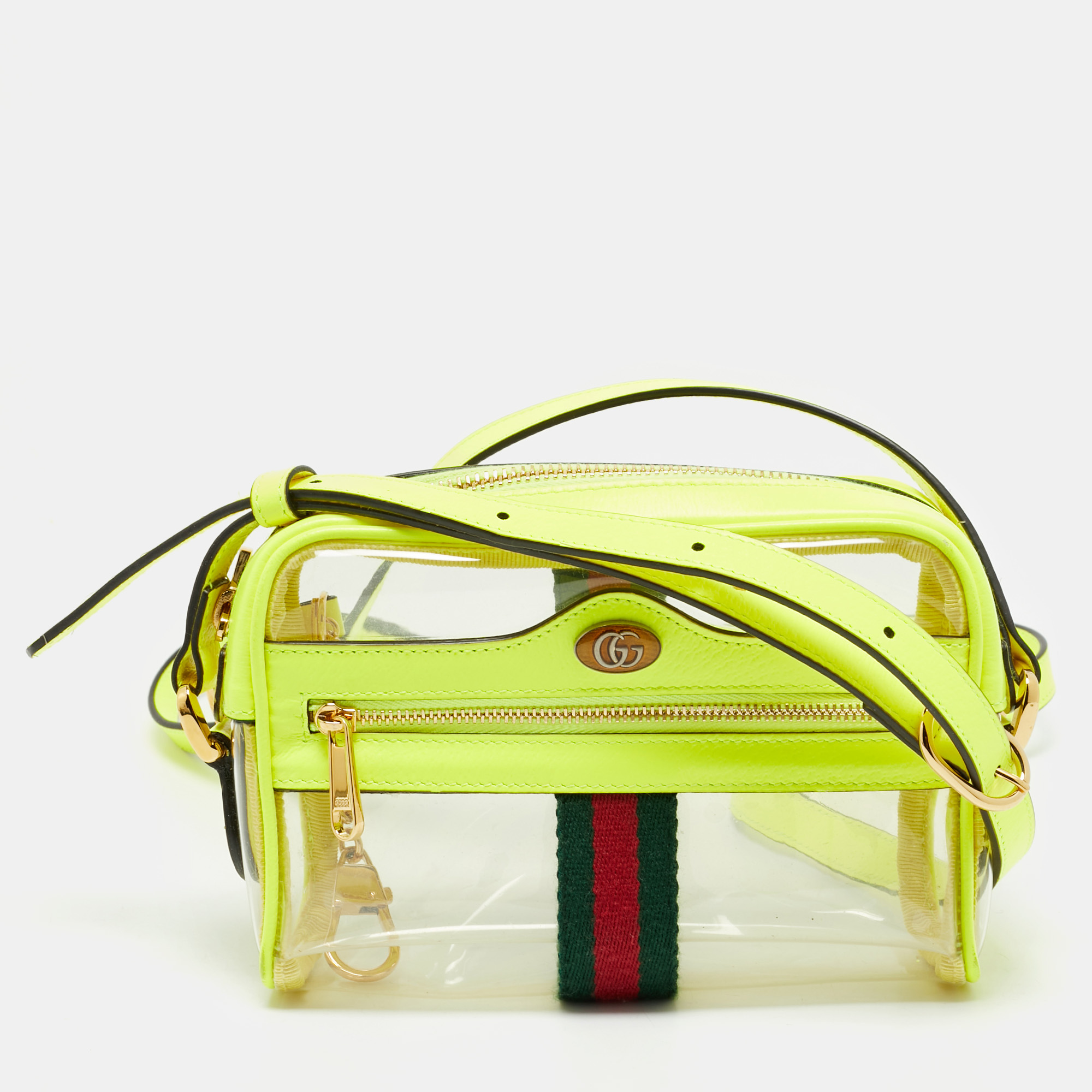 

Gucci Neon Green Leather and PVC Ophidia Mini Front Zip Crossbody Bag