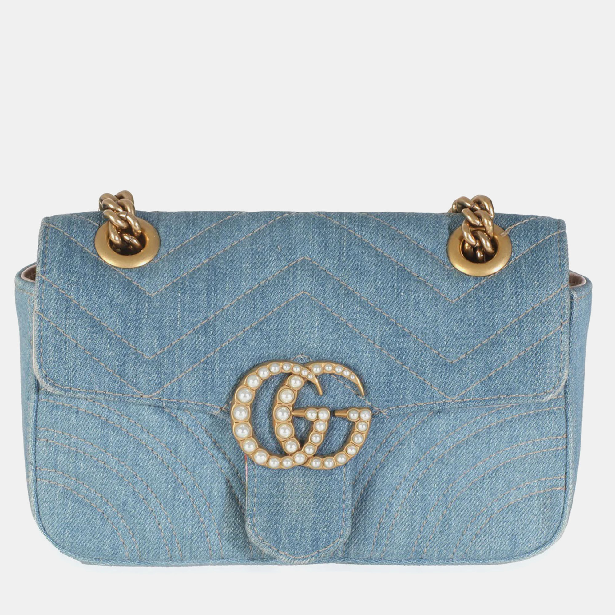 

Gucci Blue Matelasse Denim GG Marmont Pearly Shoulder Bag
