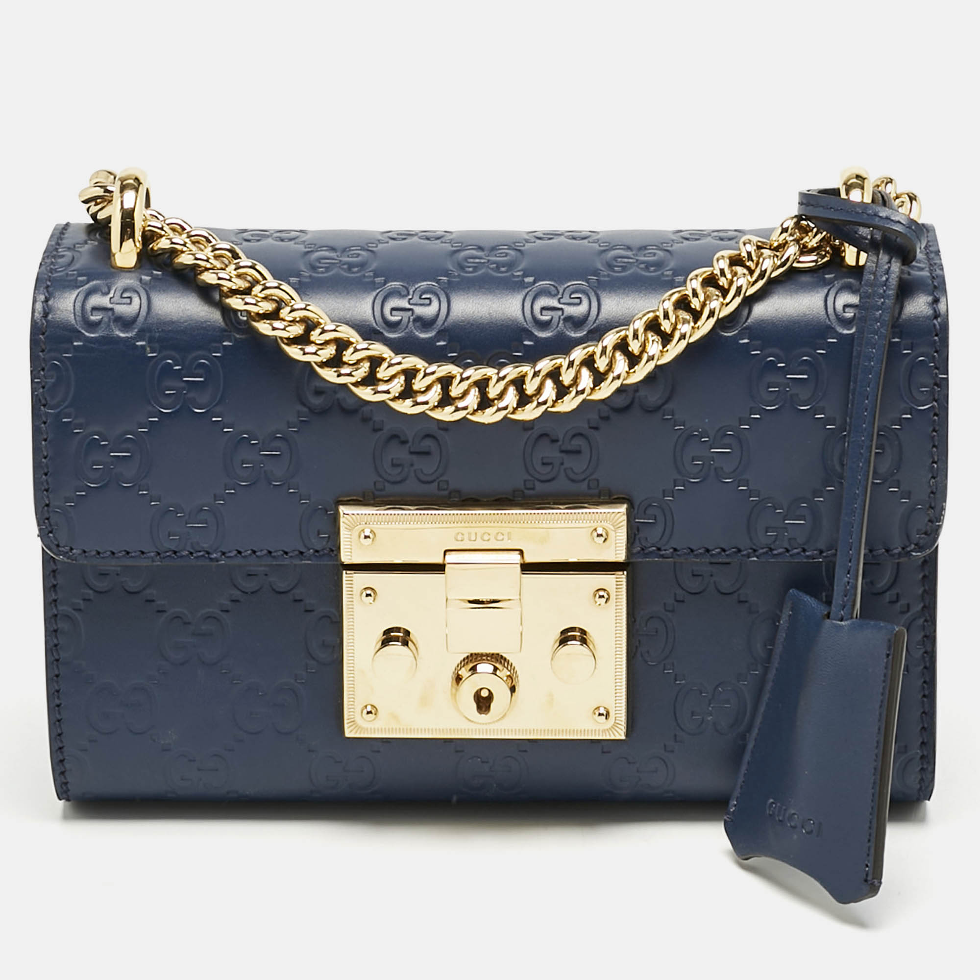 

Gucci Navy Blue Guccissima Leather  Padlock Shoulder Bag