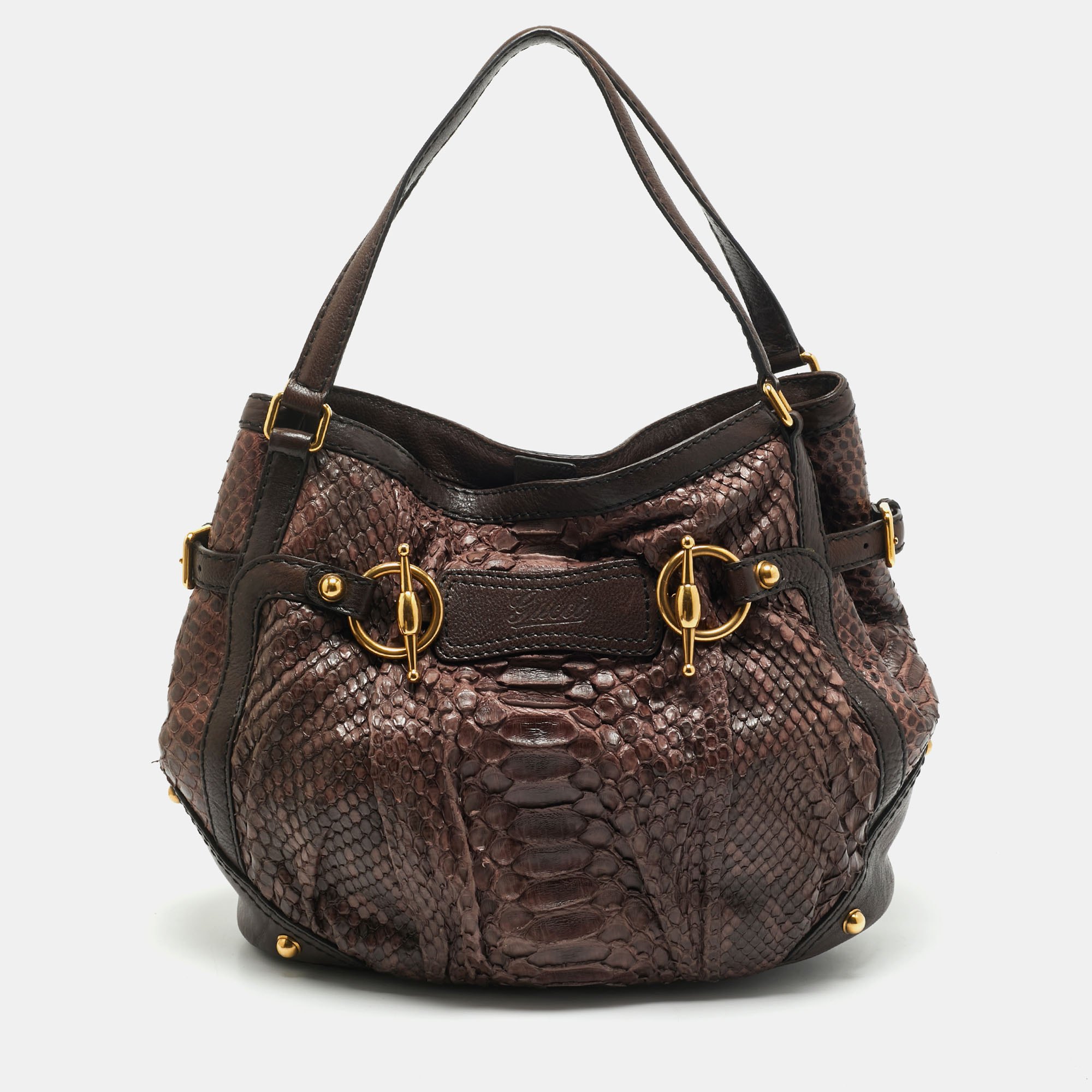 

Gucci Brown Python Horsebit Jockey Tote