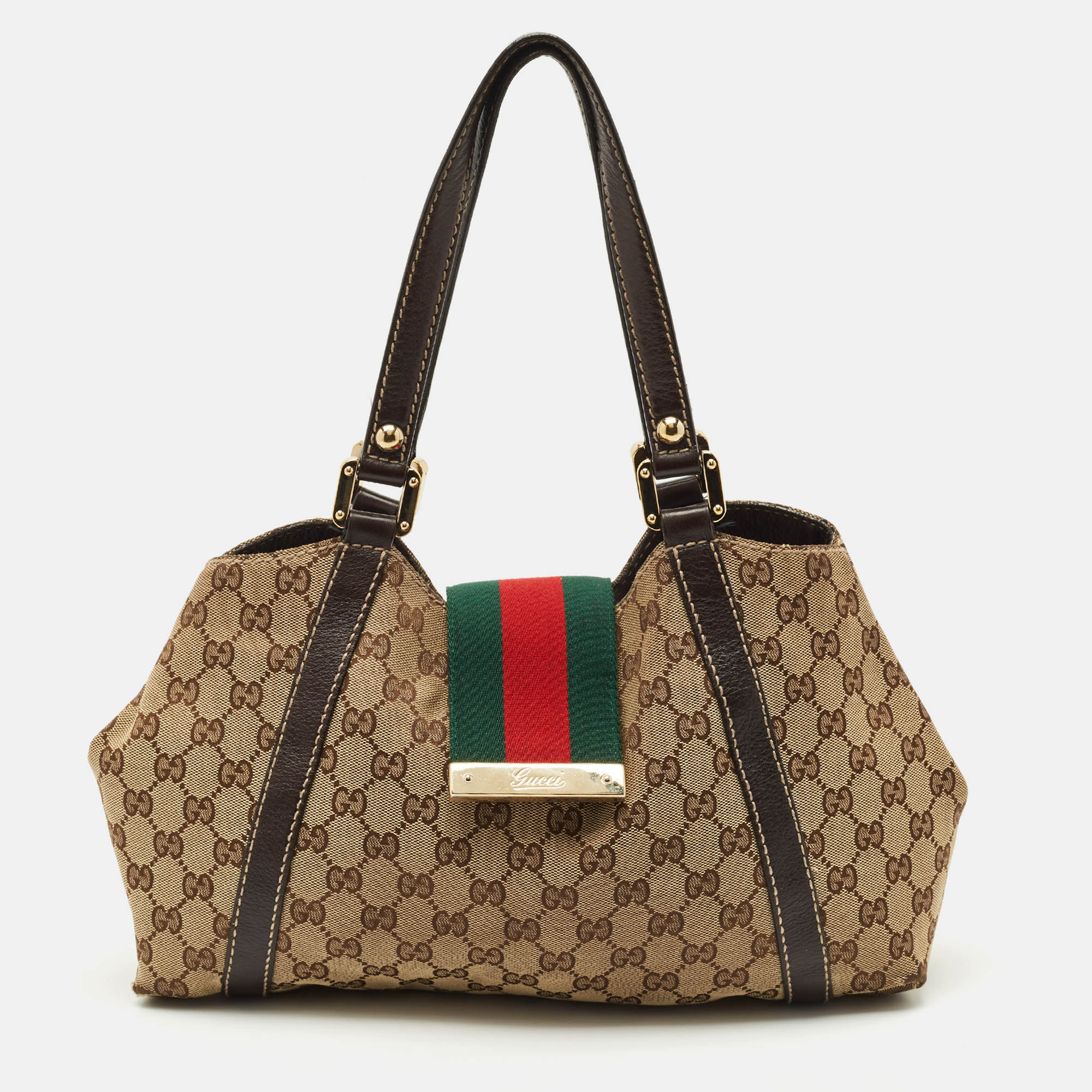 

Gucci Beige/Dark Brown GG Canvas and Leather New Ladies Web Tote