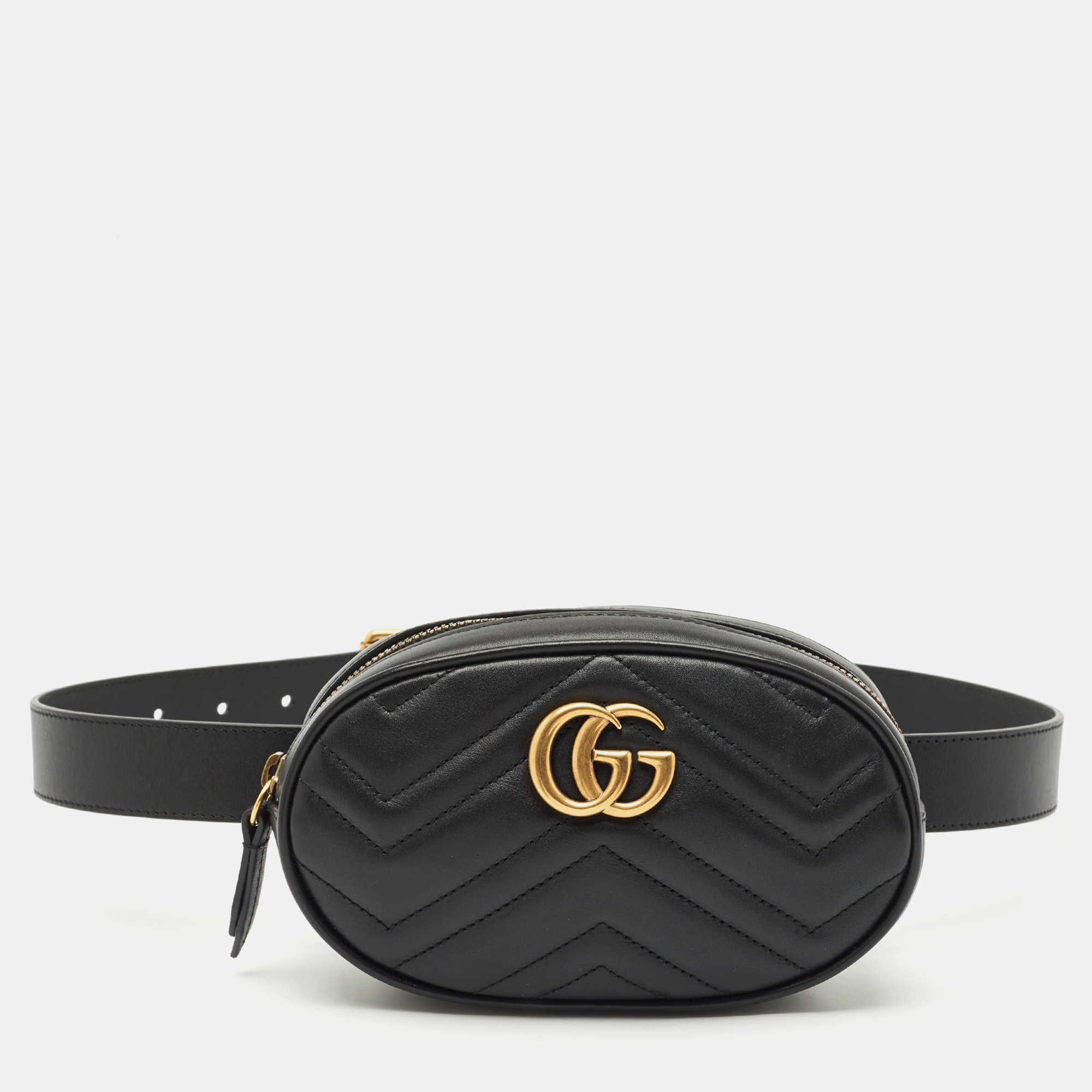 Pre-owned Gucci Black Matelassé Leather Mini Gg Marmont Belt Bag
