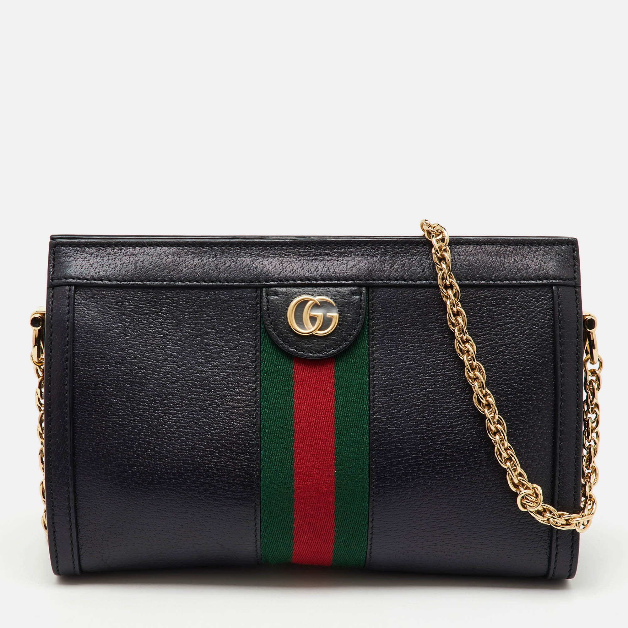 

Gucci Black Leather GG Web Detail Ophidia Small Chain Shoulder Bag