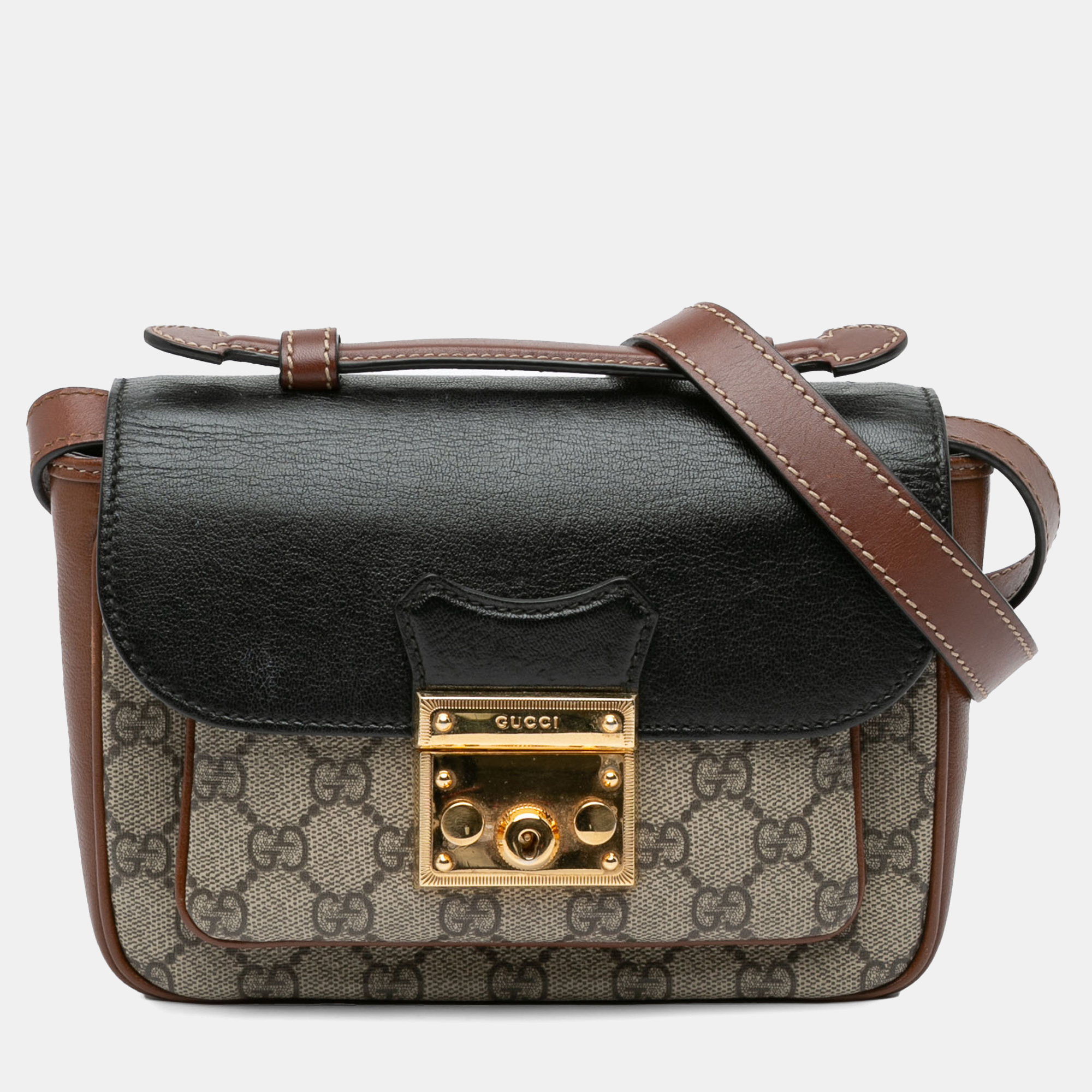 

Gucci Beige Mini GG Supreme and Calfskin Padlock Flap Pocket Satchel