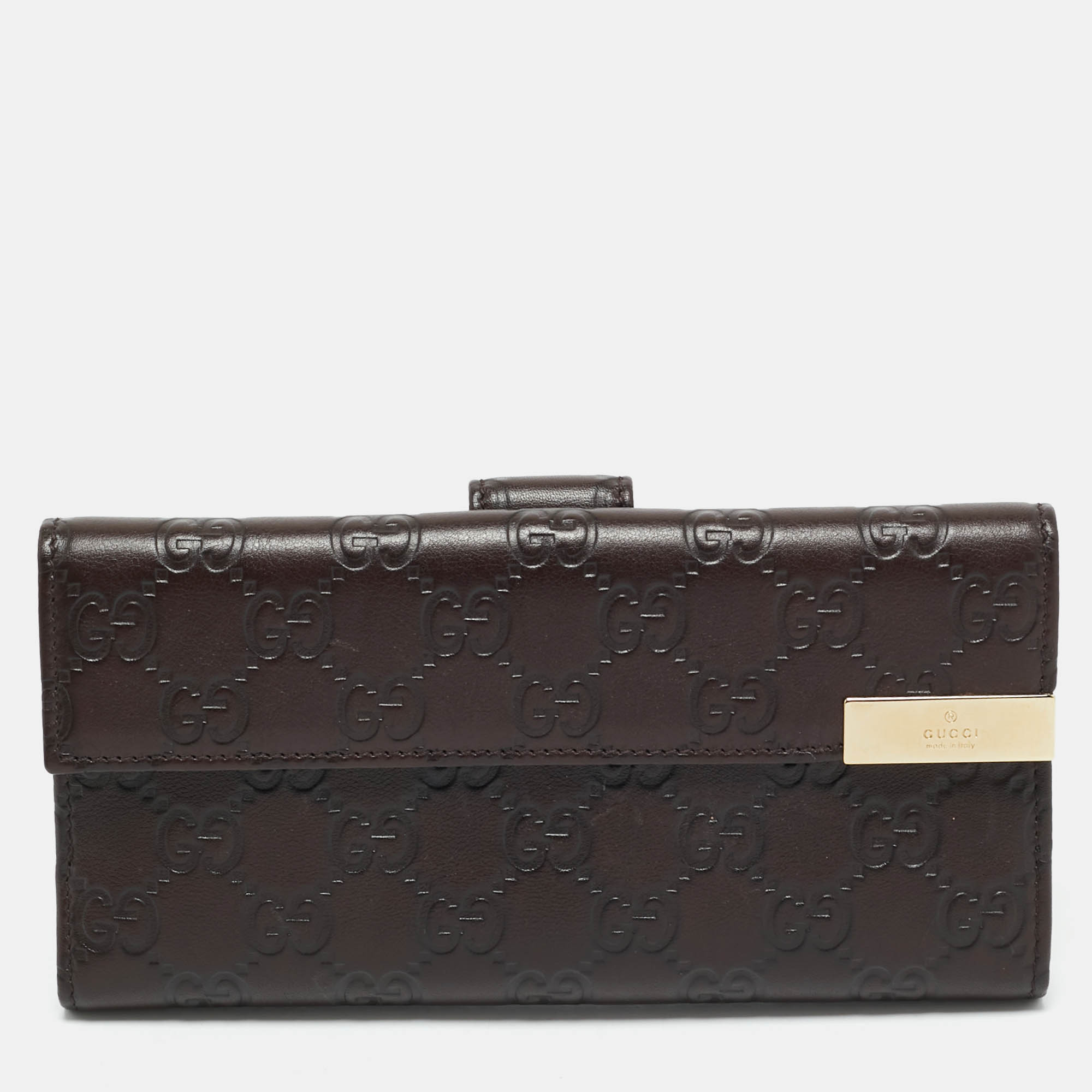 

Gucci Dark Brown Guccissima Leather Metal Flap Continental Wallet