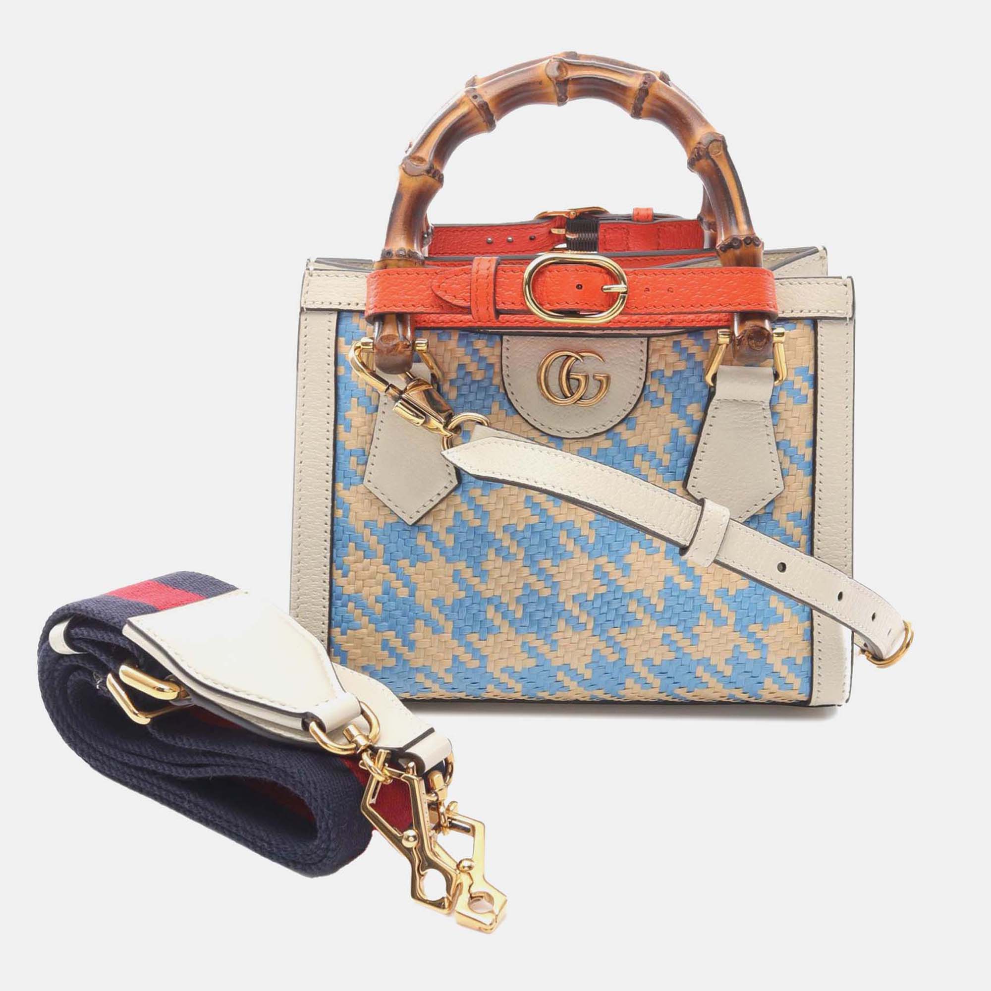 

Gucci Blue Mini Raffia Houndstooth Bamboo Diana Satchel