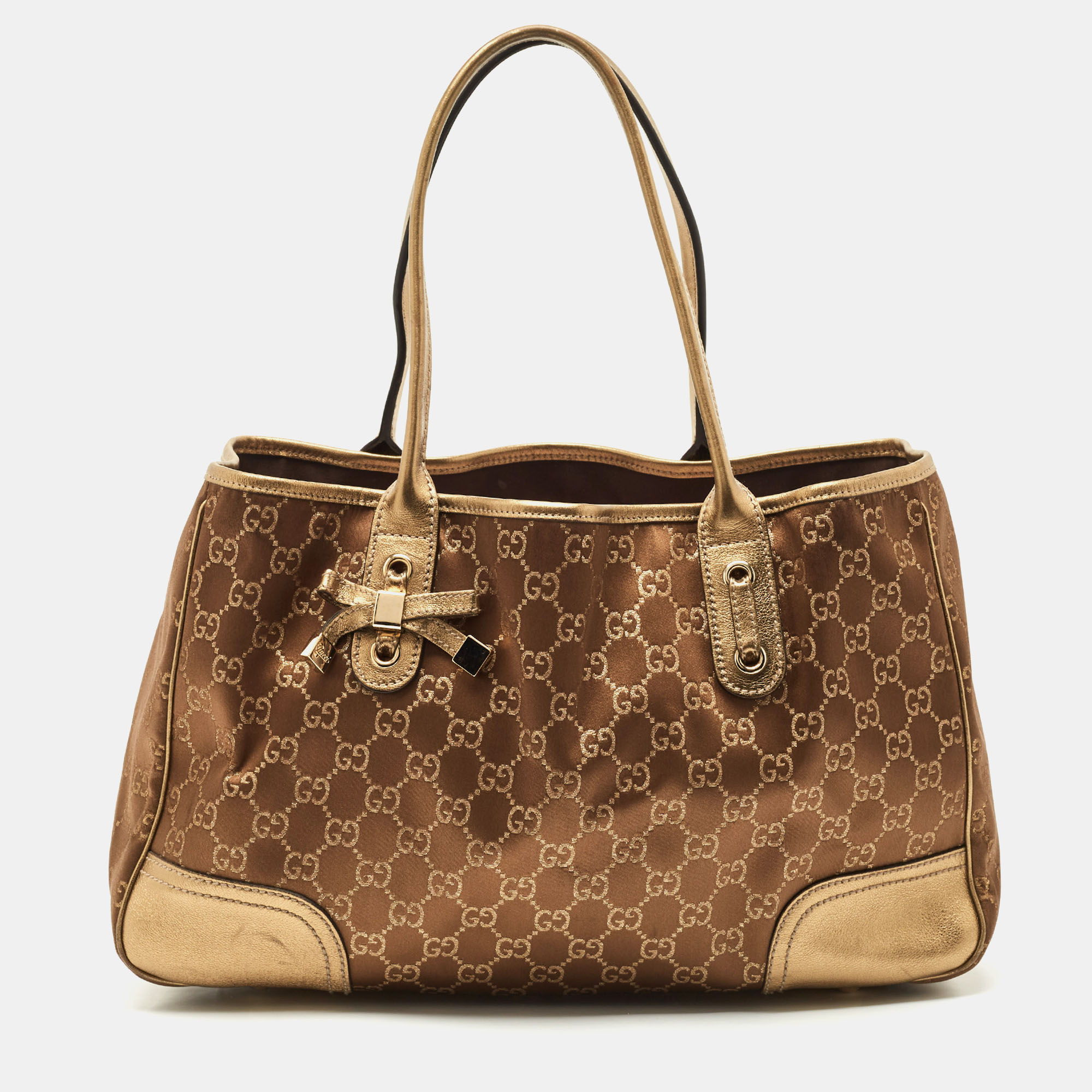 

Gucci Gold/Brown GG Satin and Leather Princy Tote