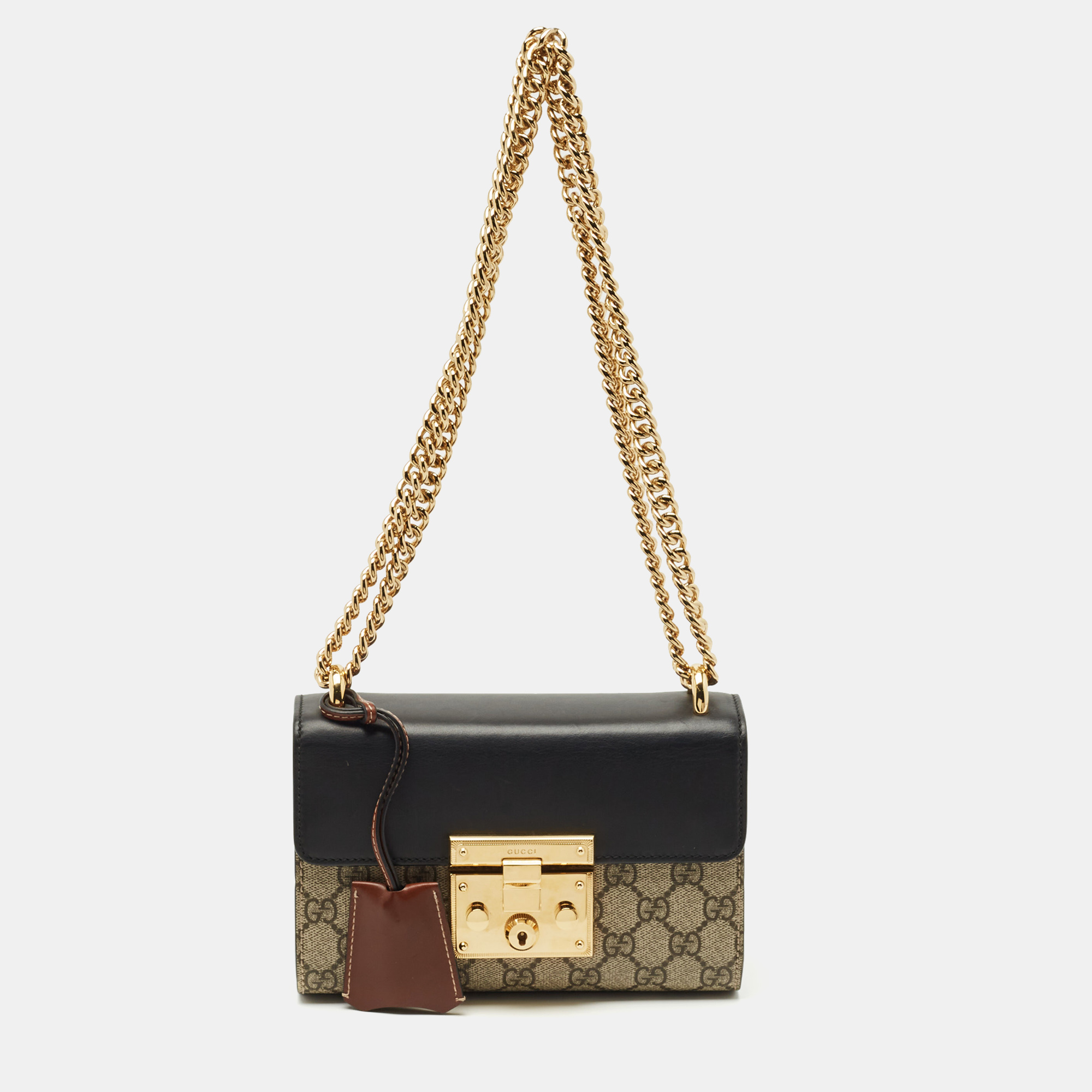 

Gucci Black/Beige GG Supreme Canvas and Leather Padlock Small Shoulder Bag