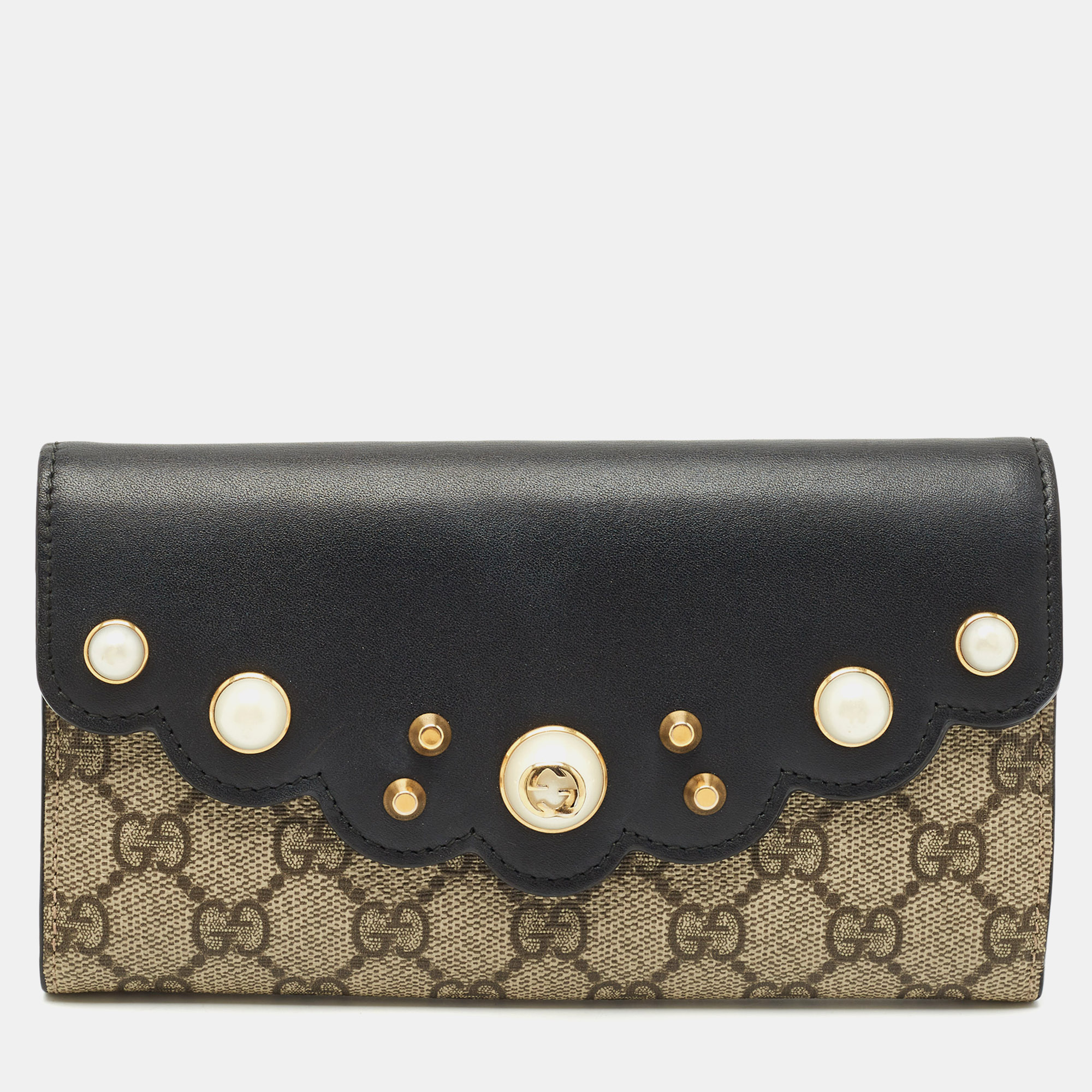 

Gucci Black/Beige Leather and GG Supreme Canvas Peony Pearly Continental Wallet