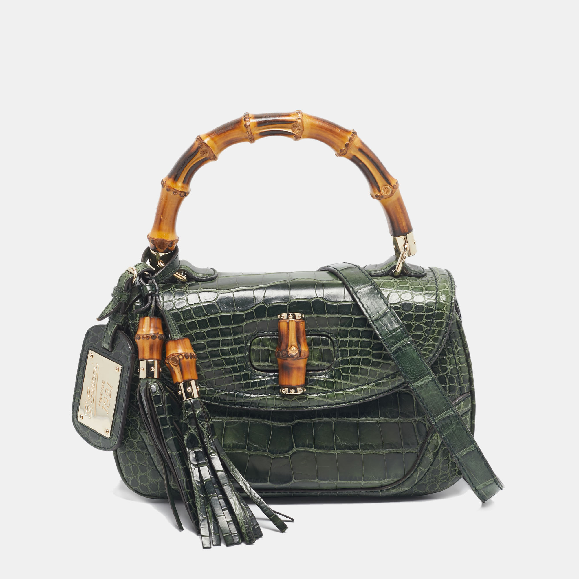 

Gucci Green Alligator  Tassel New Bamboo Top Handle Bag