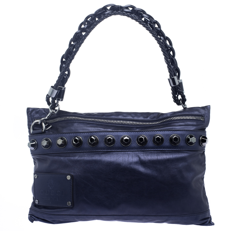 Pre Owned Gucci Metallic Blue Leather Studded Shoulder Bag