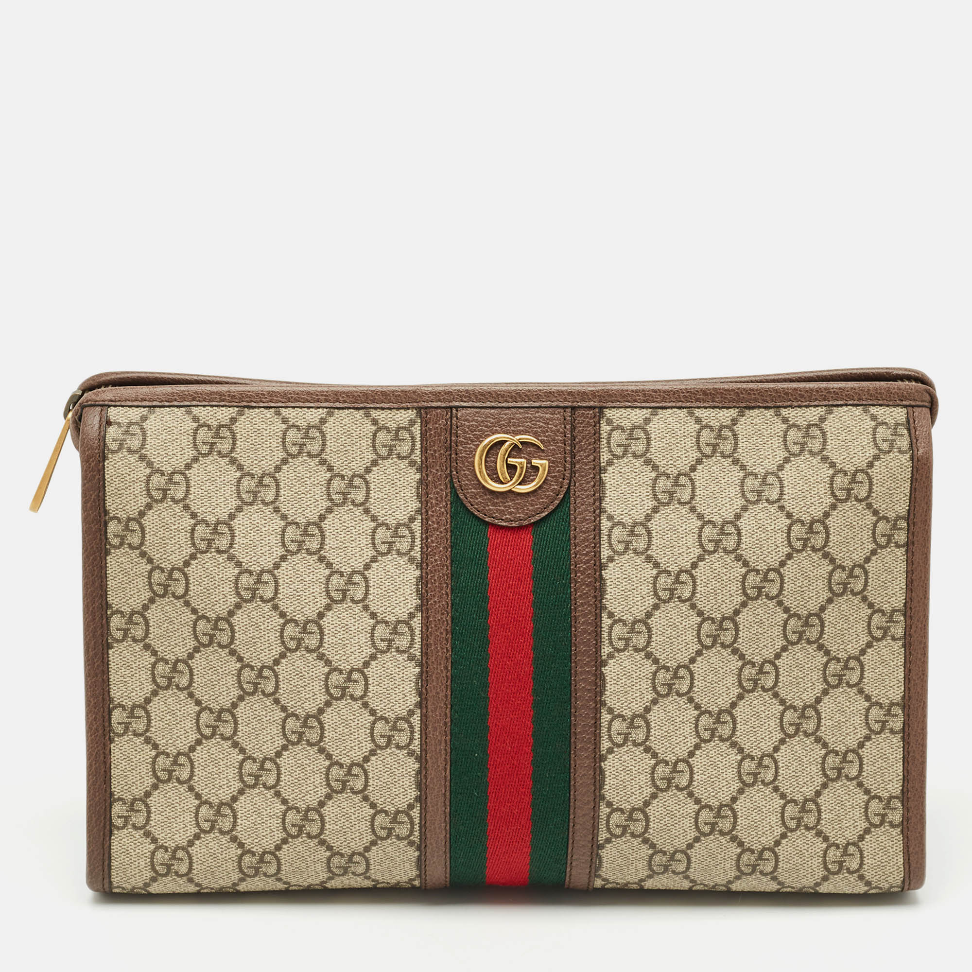 Pre-owned Gucci Beige/brown Gg Supreme Canvas And Leather Medium Ophidia Pouch