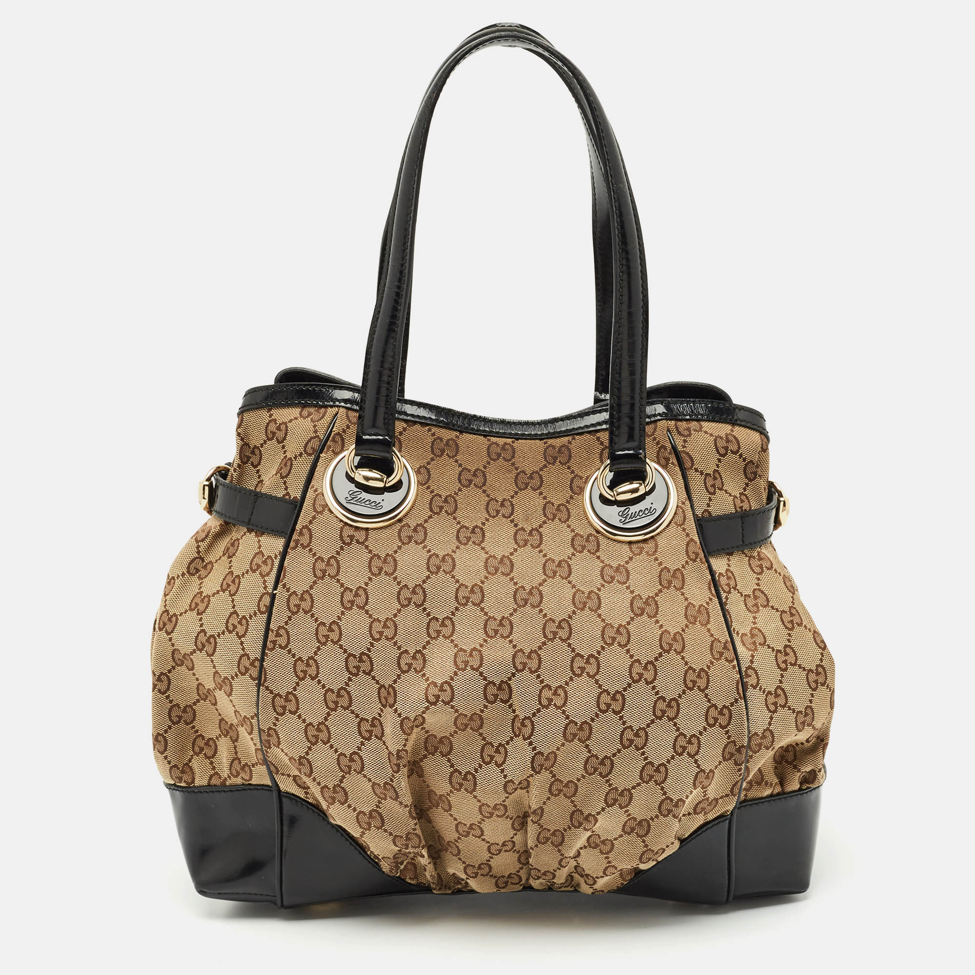 Pre-owned Gucci Black/beige Gg Canvas/patent Leather Medium Full Moon Tote