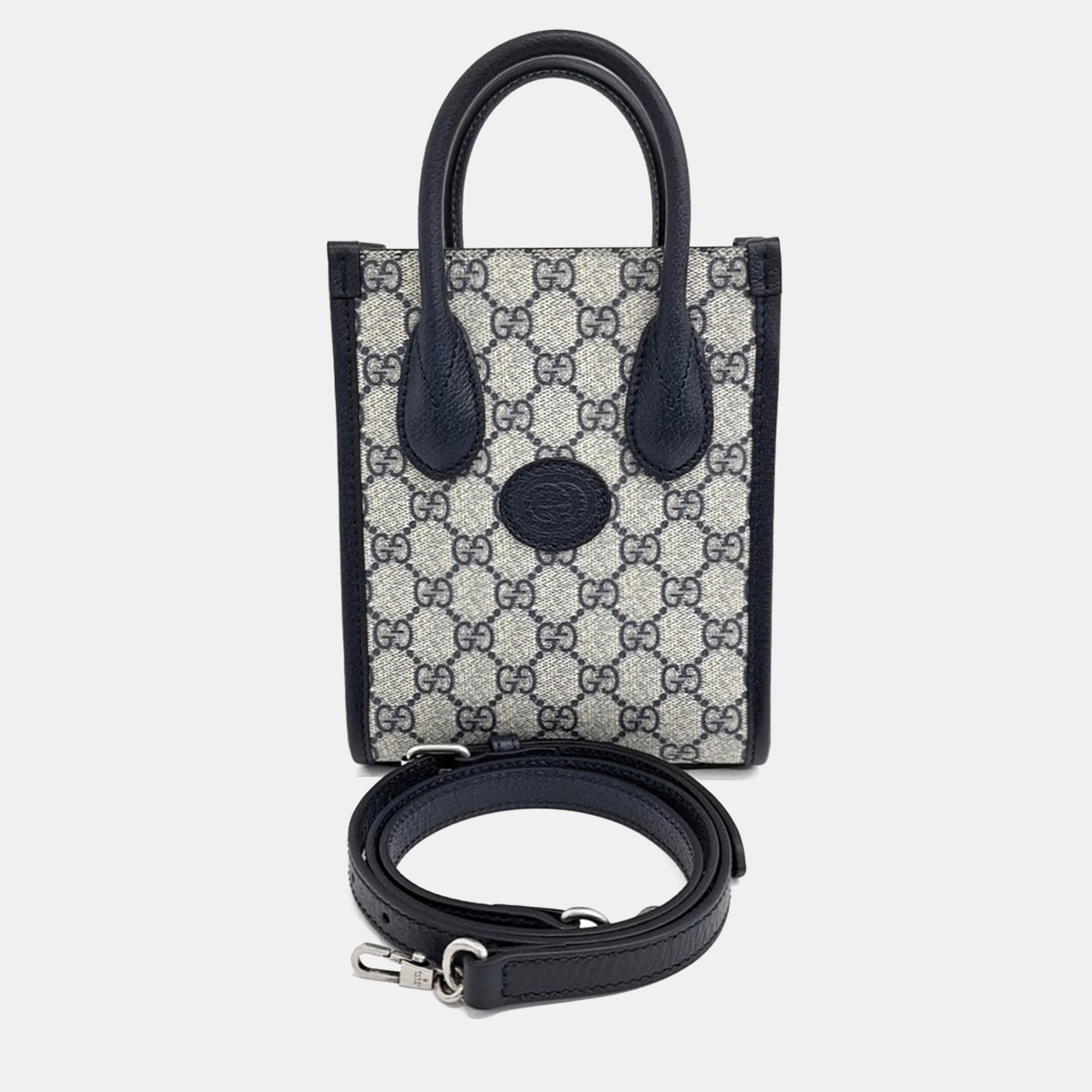 

Gucci Beige Navy Blue Coated Canvas Interlocking G Mini Tote Bag