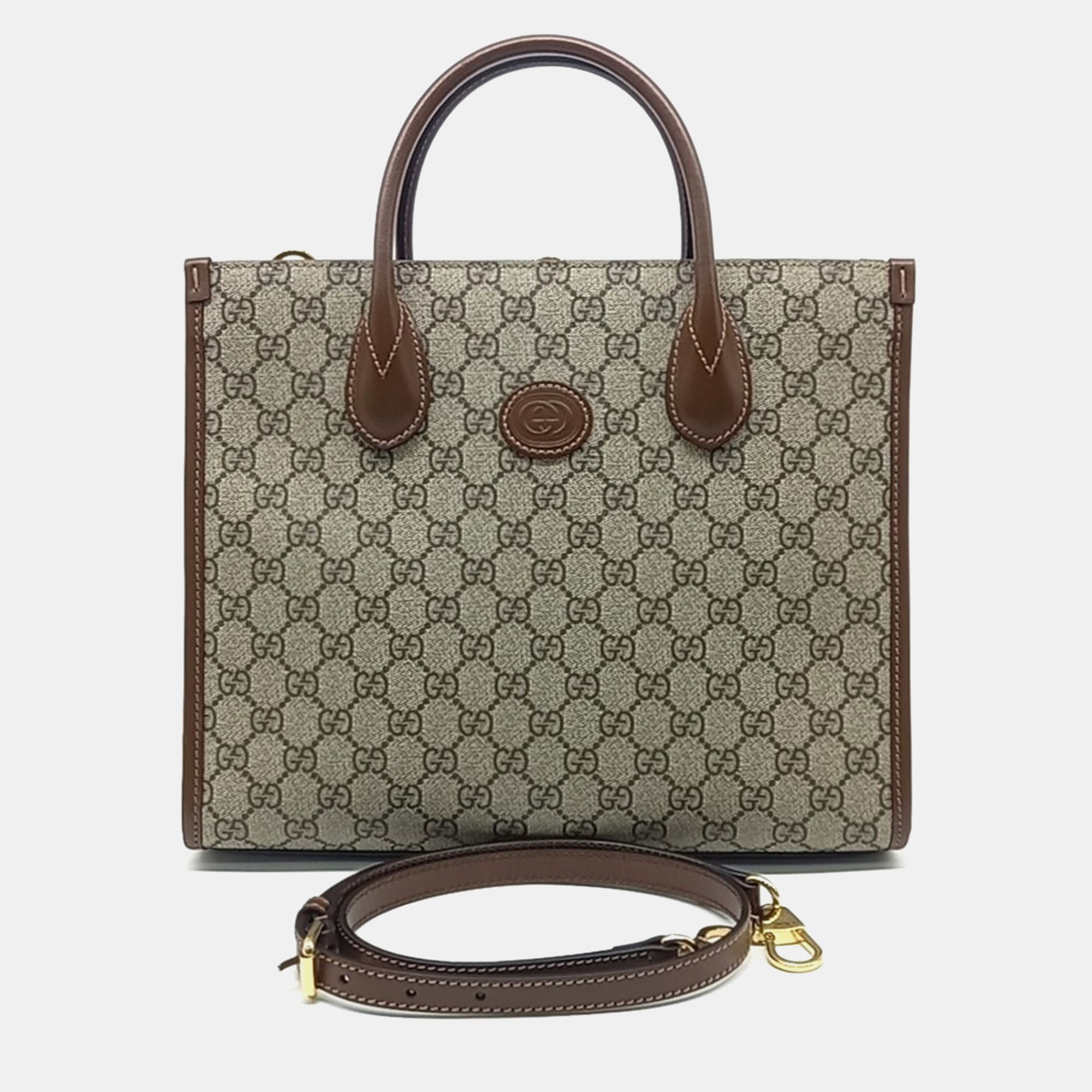 

Gucci Beige Brown Leather and PVC GG Small Tote Bag