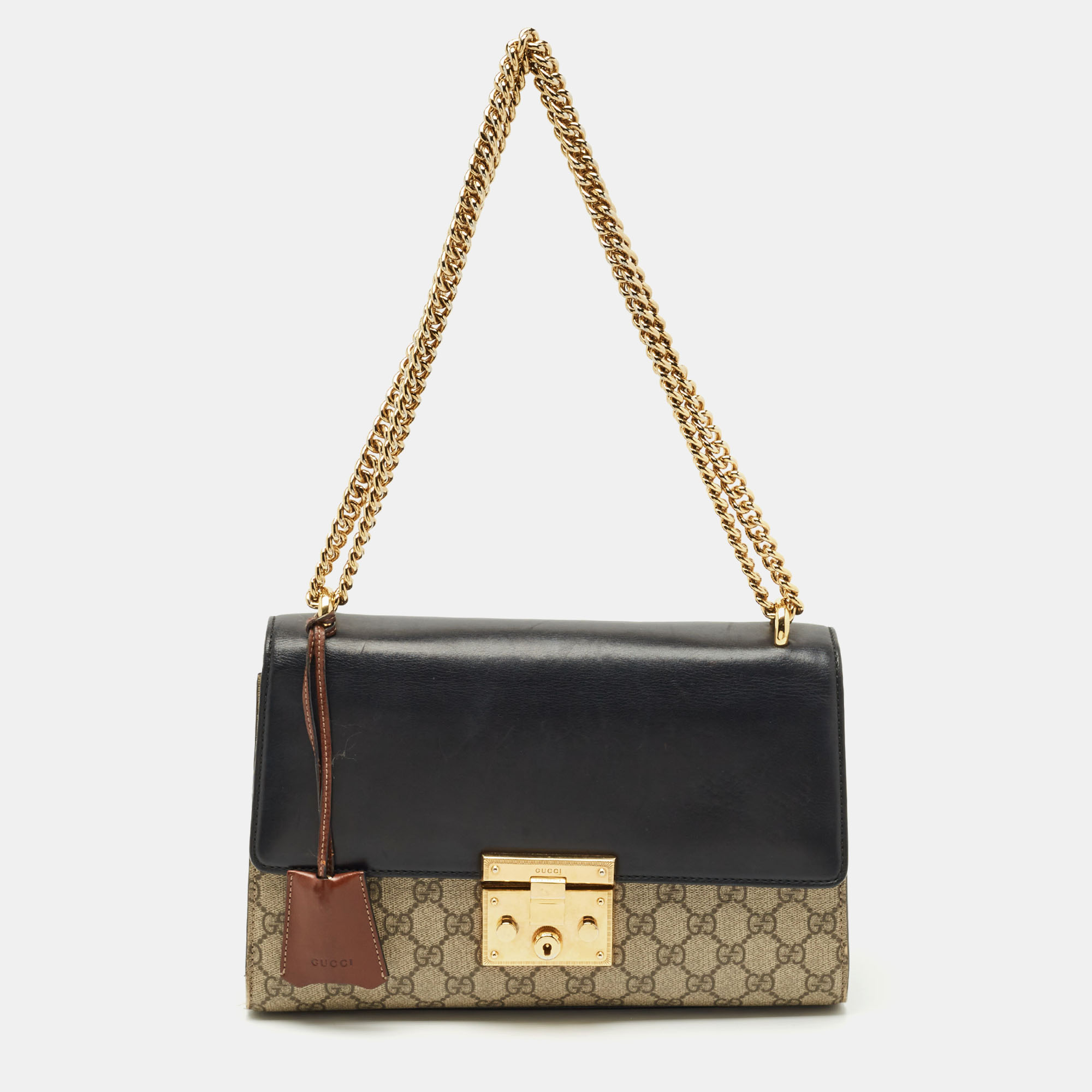 

Gucci Beige/Black GG Supreme Canvas and Leather Medium Padlock Shoulder Bag