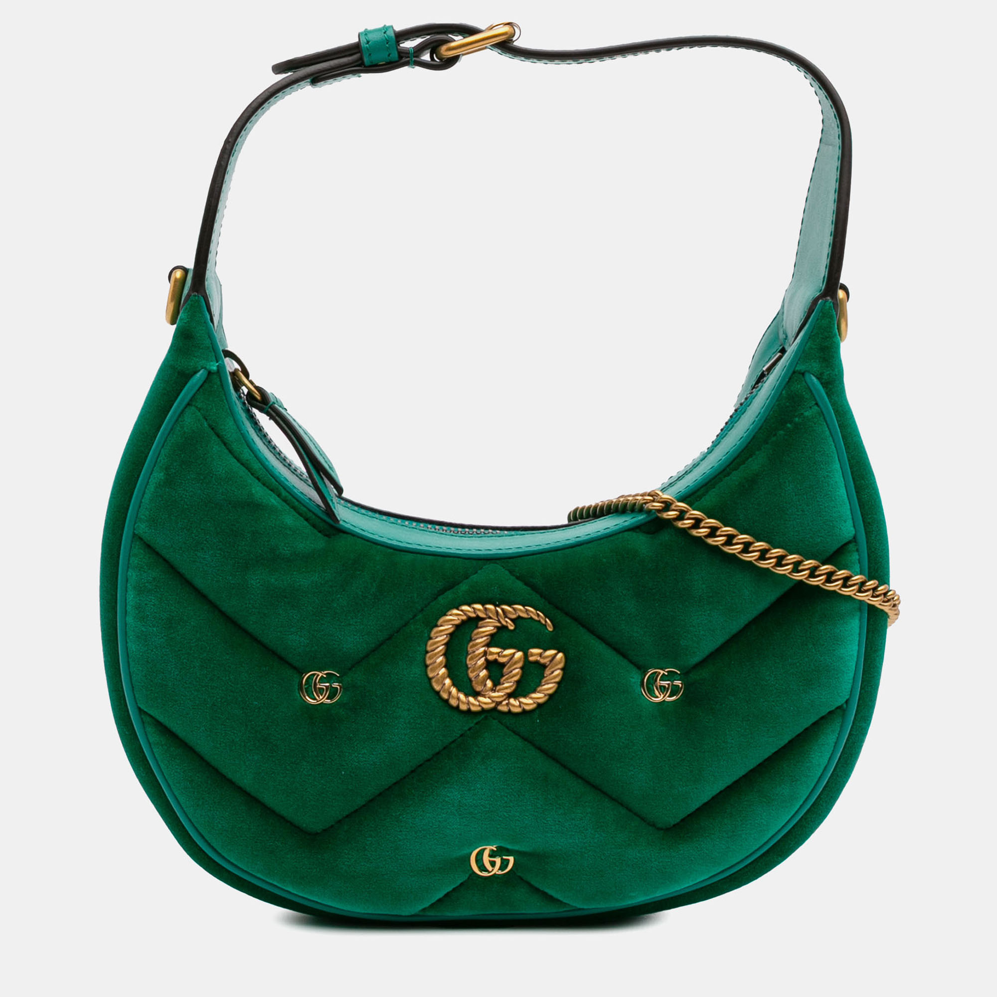 

Gucci Green Mini GG Marmont Matelasse Velvet Torchon Half Moon Bag