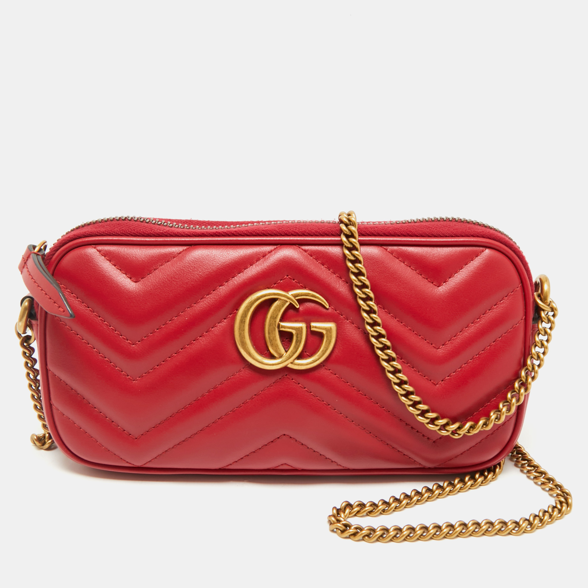 

Gucci Red Matelassé Leather GG Marmont Zip Around Wallet On Chain