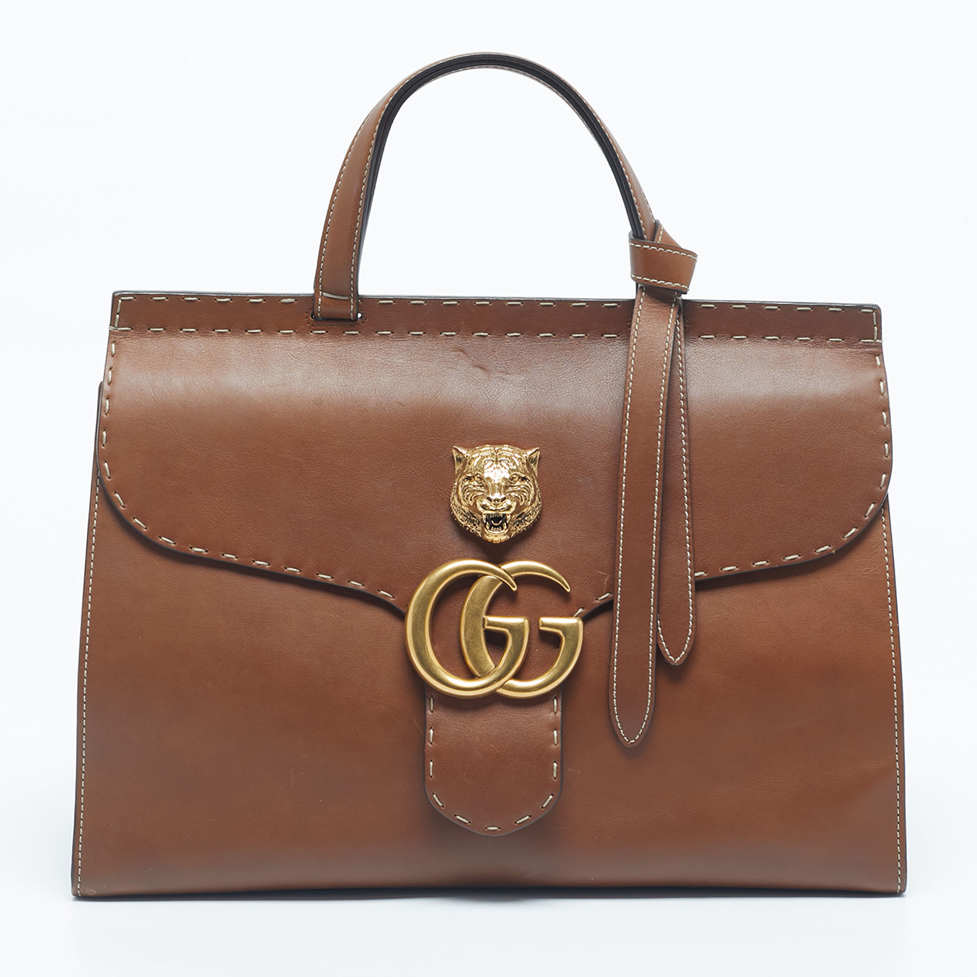 

Gucci Brown Leather  GG Marmont Animalier Top Handle Bag