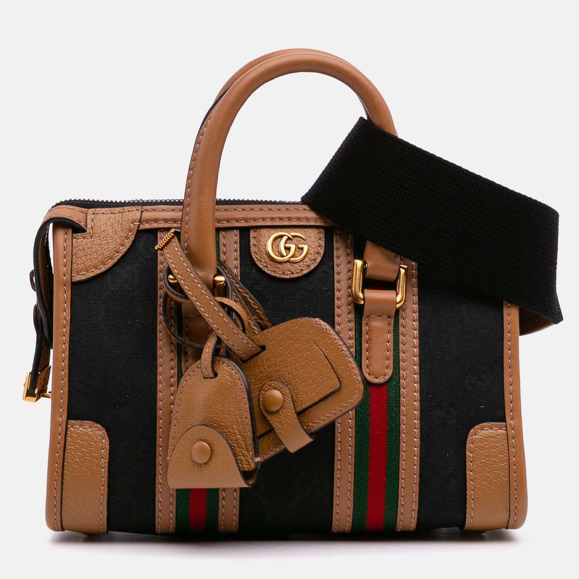 

Gucci Black/Brown Mini GG Canvas Web Bauletto Top Handle Bag