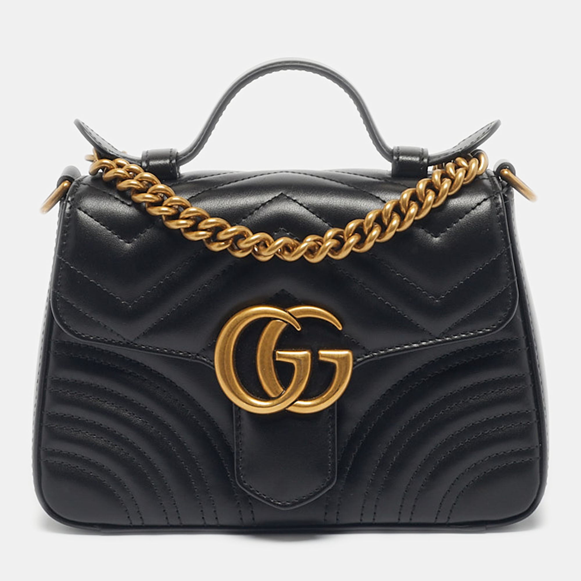 

Gucci Black Matelassé Leather Mini GG Marmont Top Handle Bag