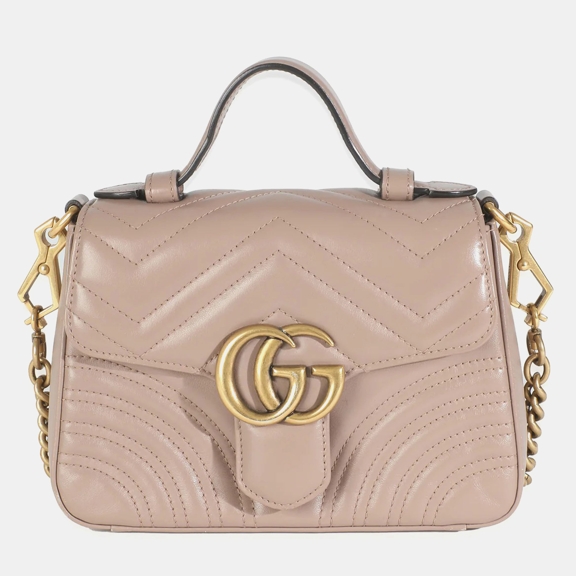 

Gucci Dark Beige Chevron Matelasse Calfskin Mini GG Marmont Top Handle Bag