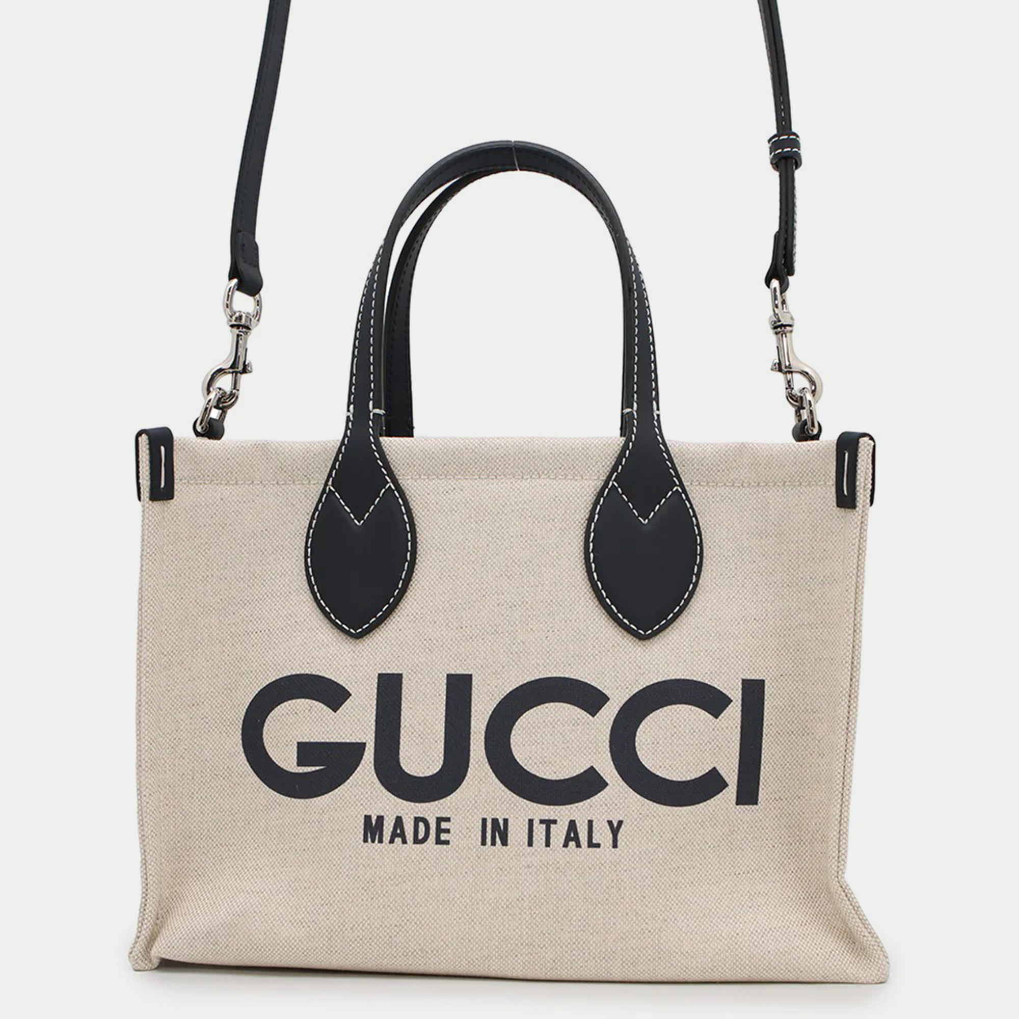 Pre-owned Gucci Logo Print Medium Tote Bag Beige/navy Canvasxleather In Sand