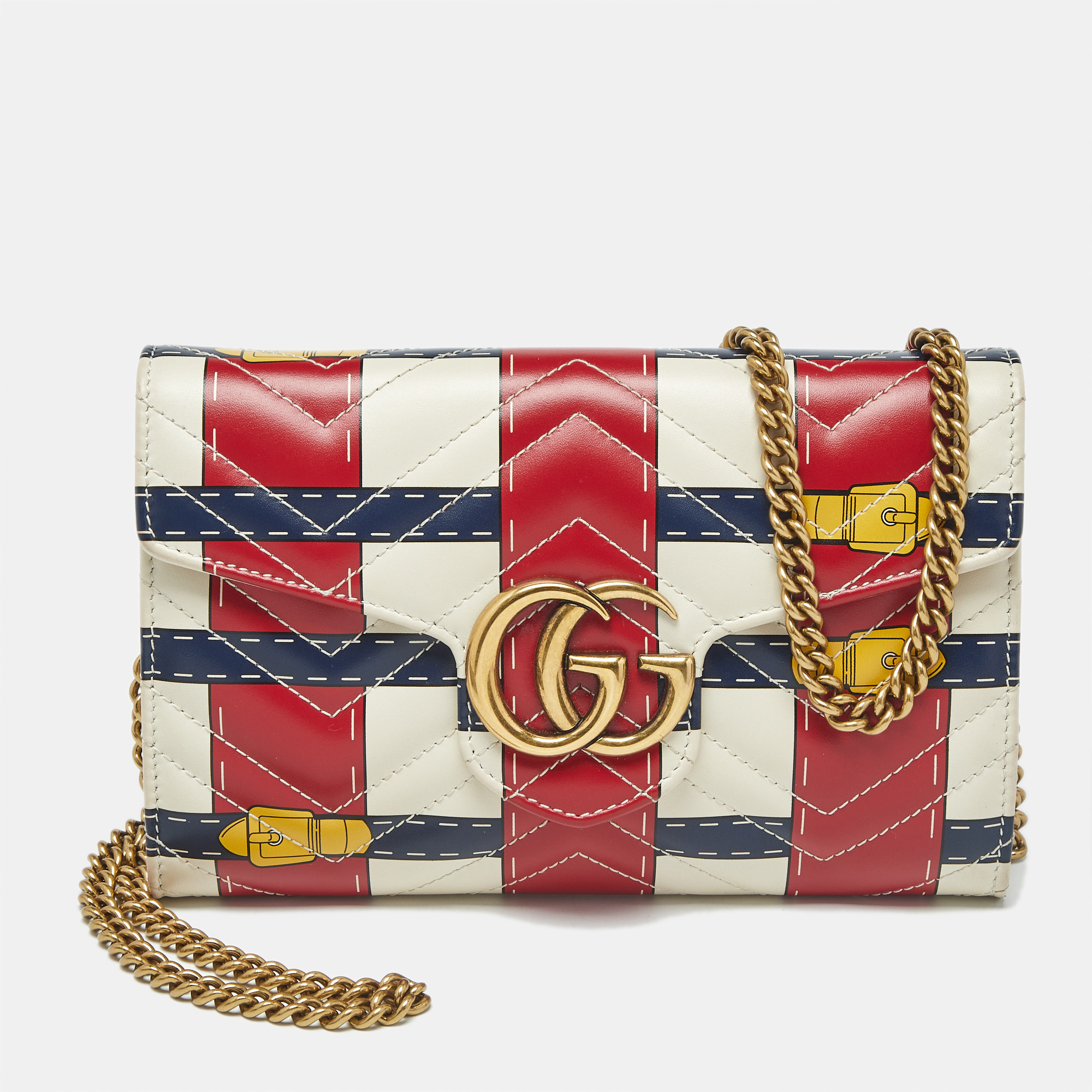 

Gucci Multicolor Trompe L'Oeil Print Matelassé Leather GG Marmont Wallet on Chain