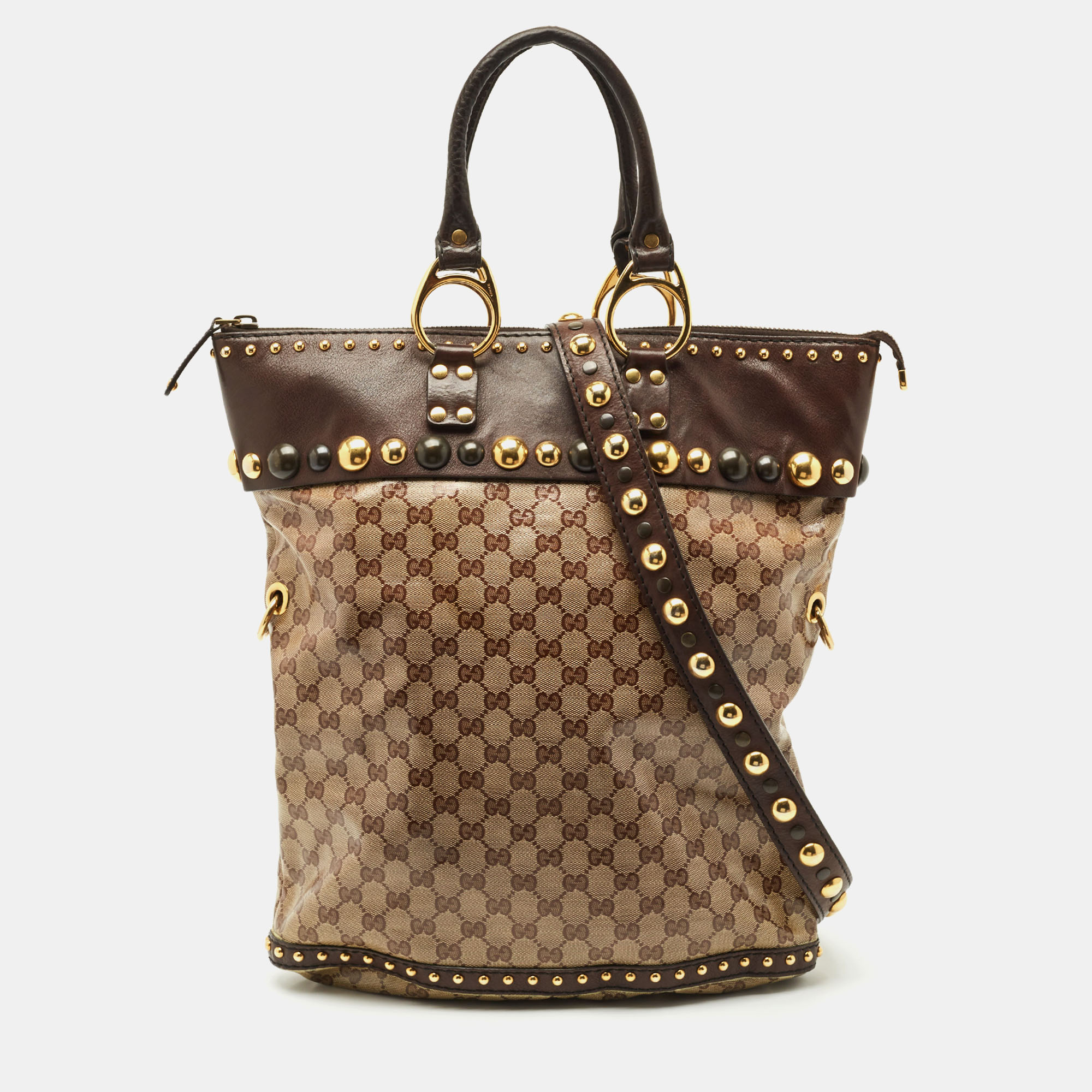 Pre-owned Gucci Beige/brown Gg Crystal Canvas And Leather Medium Babouska Studded Tote