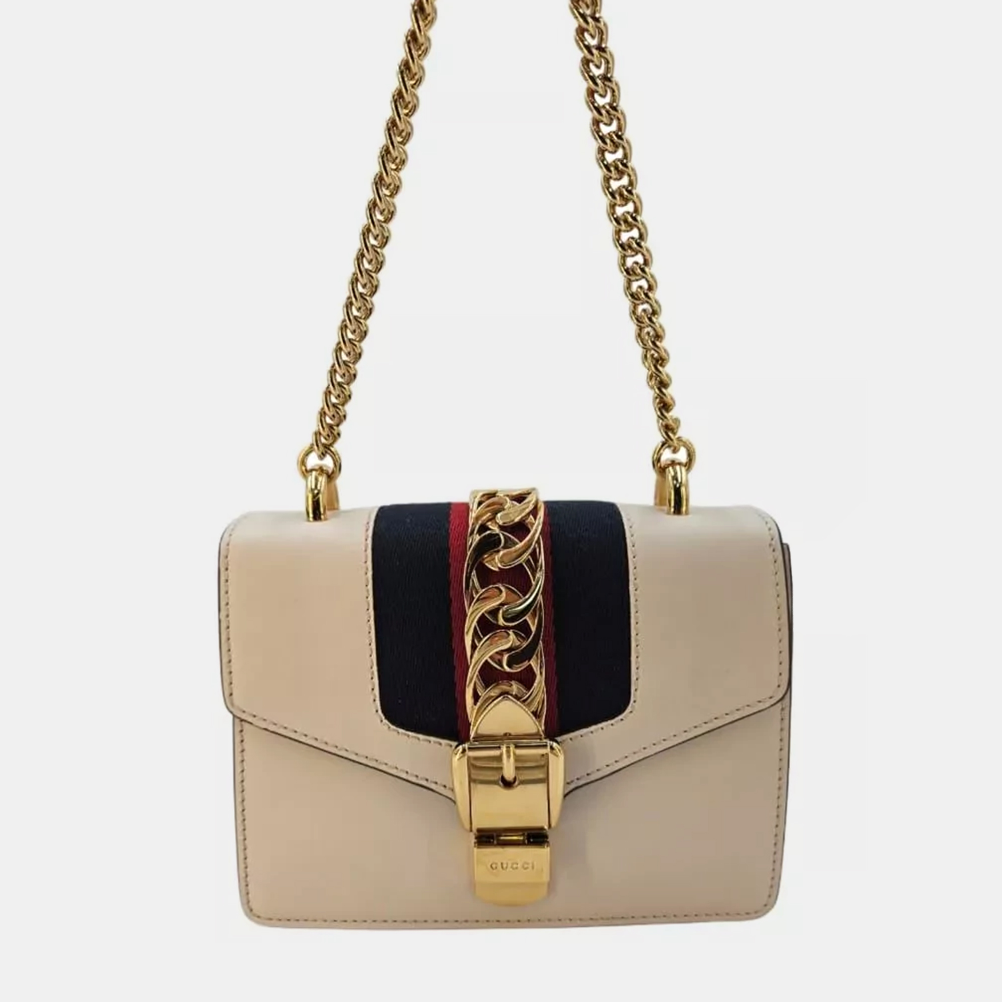 

Gucci Sylvie Small Offwhite Leather Web Chain Shoulder Bag, Cream