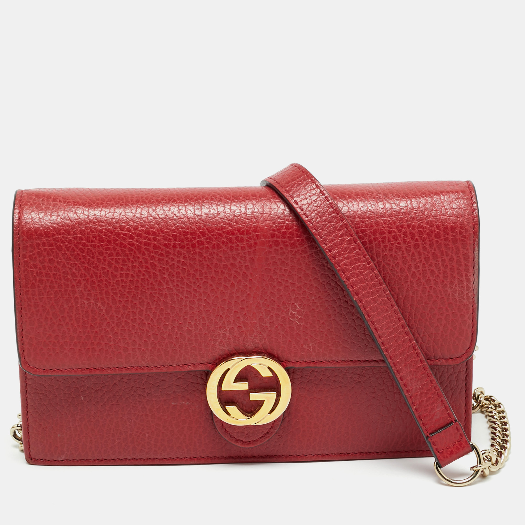 Pre-owned Gucci Red Leather Interlocking G Dollar Chain Wallet
