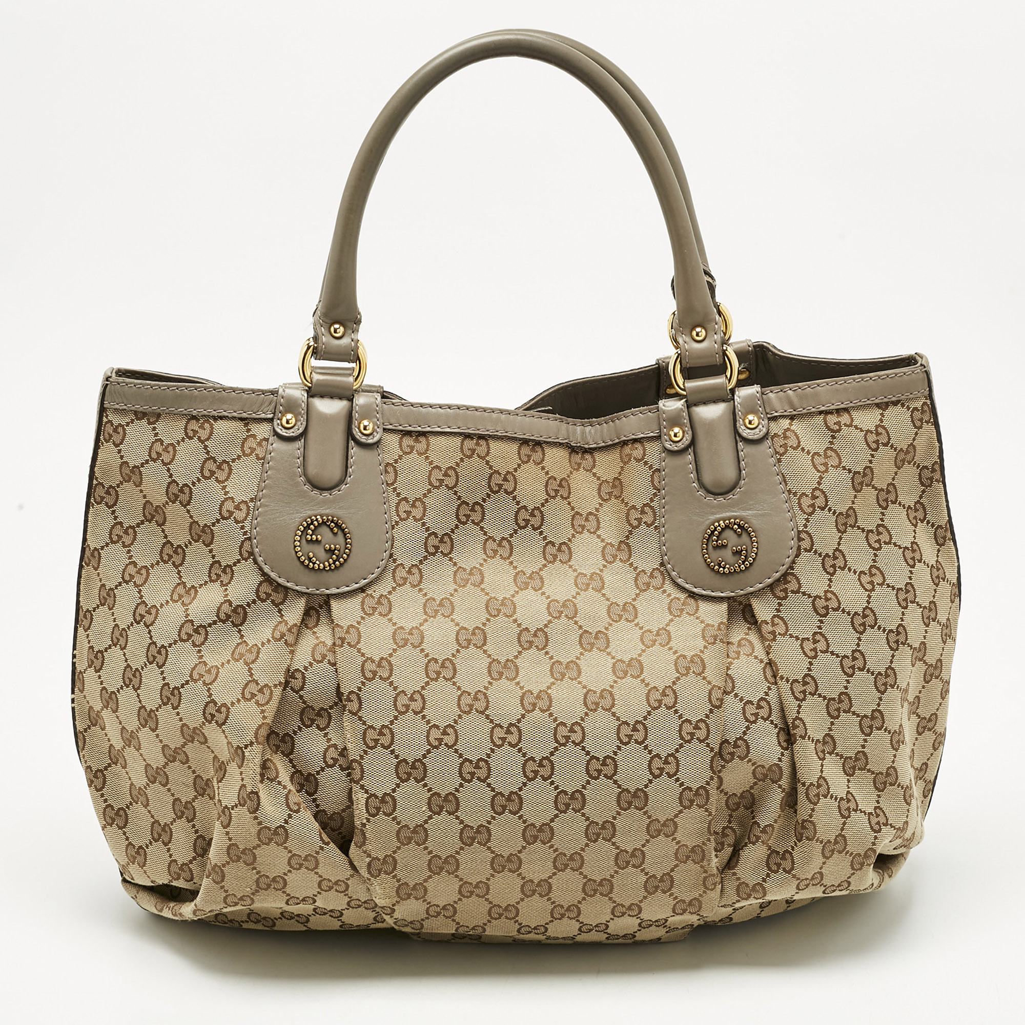 

Gucci Grey/Beige GG Canvas and Leather  Scarlett Stud Tote