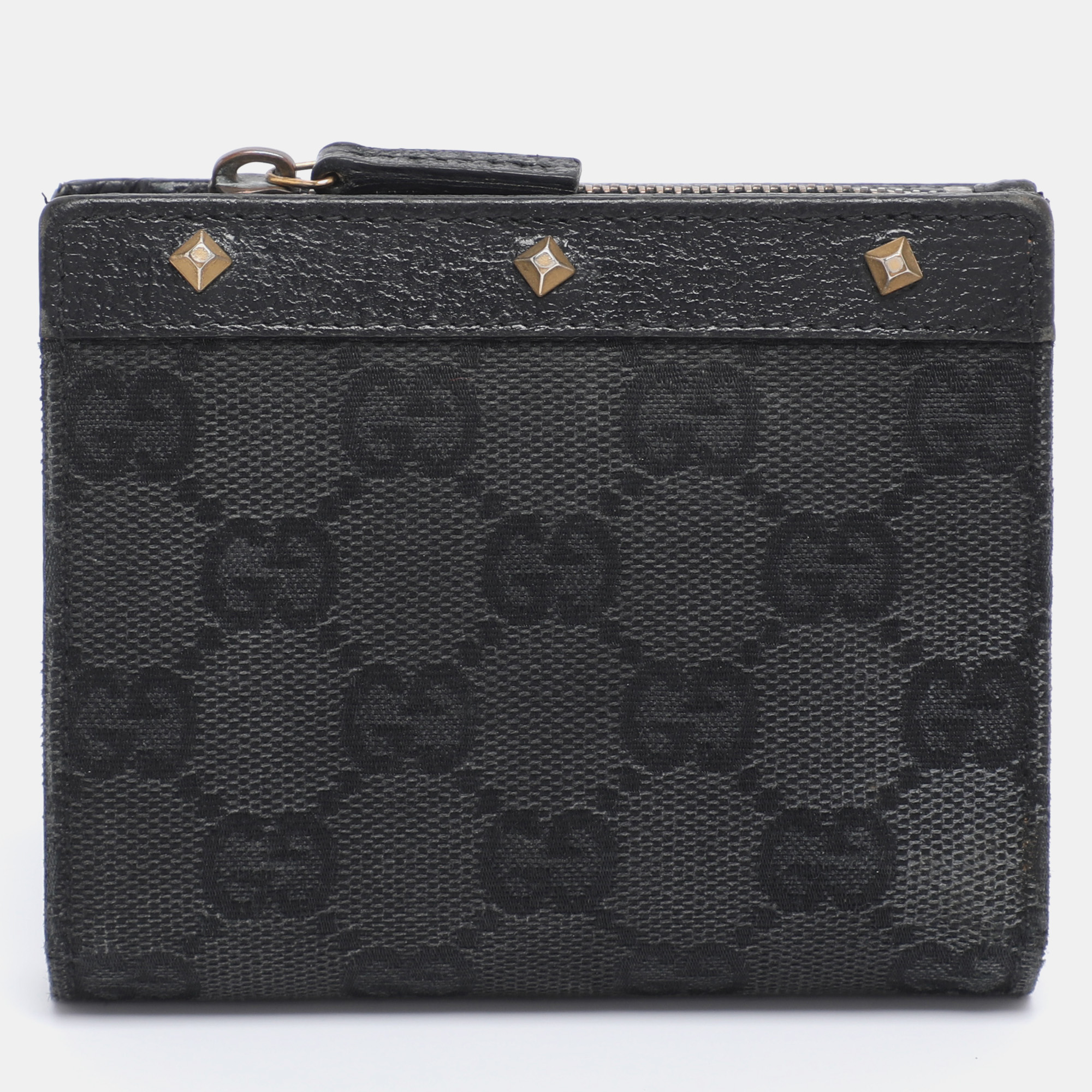 Pre-owned Gucci Black Gg Canvas And Leather Compact Wallet