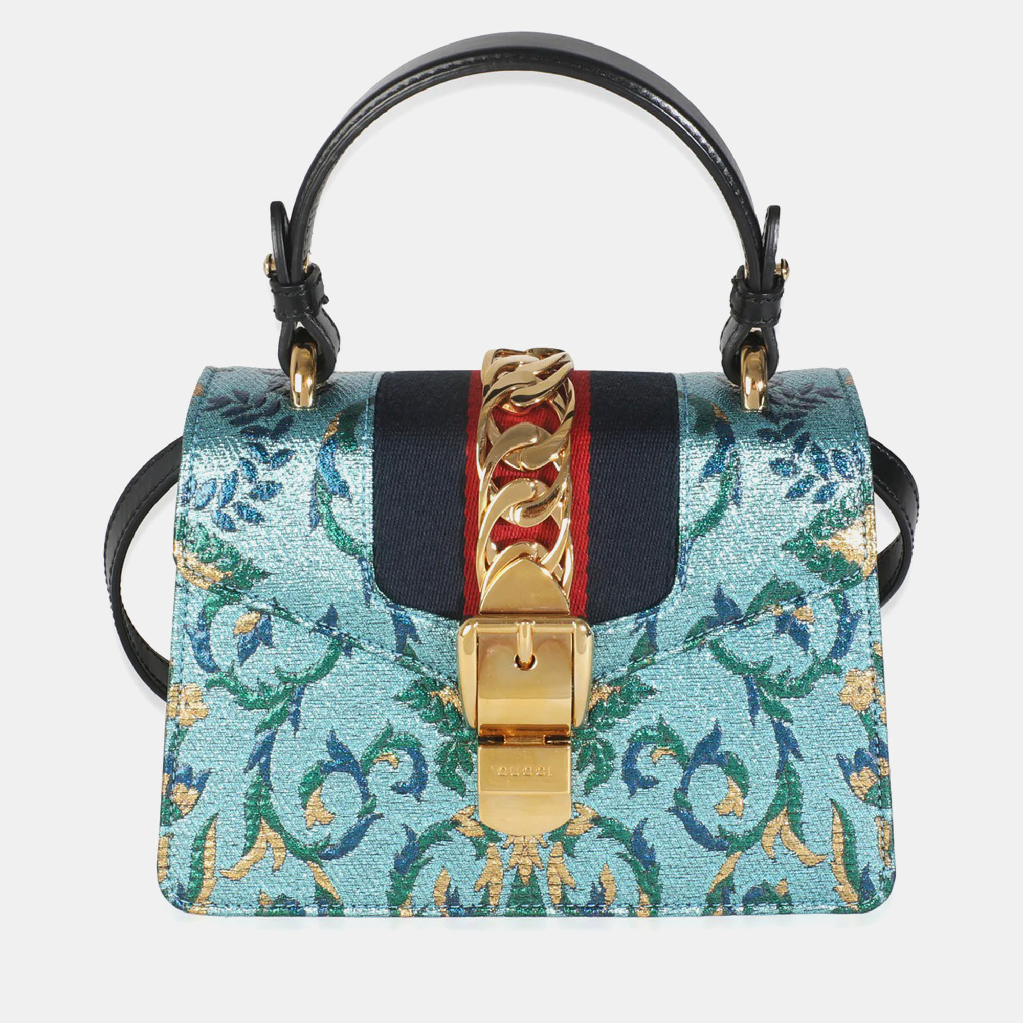 Pre-owned Gucci Blue Iridescent Embroidered Brocade Mini Sylvie Top Handle Bag In Multi