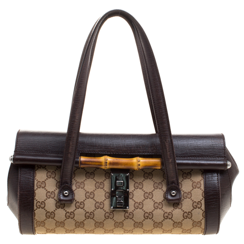 GucciBrown/Biege GG Canvas and Leather Bamboo Bullet Satchel