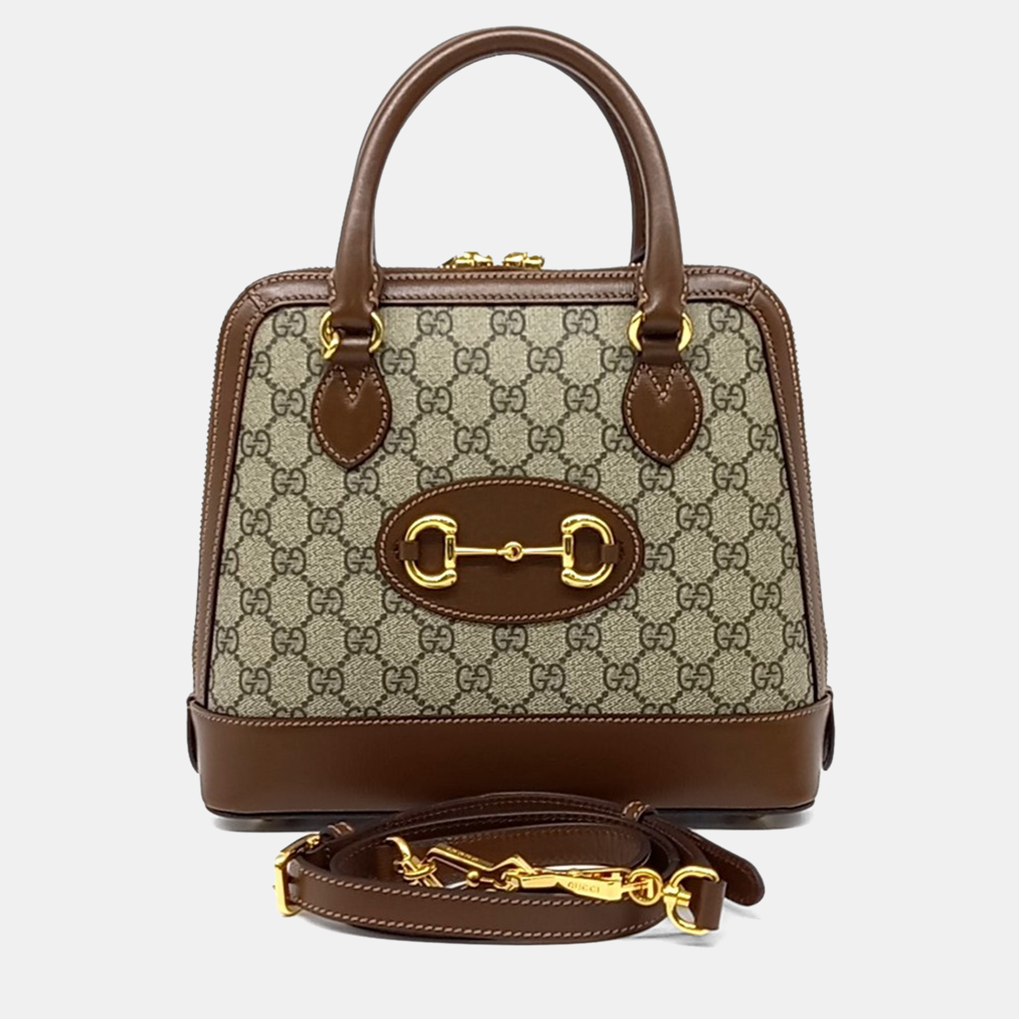 

Gucci Beige Brown PVC 1955 Horsebit Top Handle Bag Small