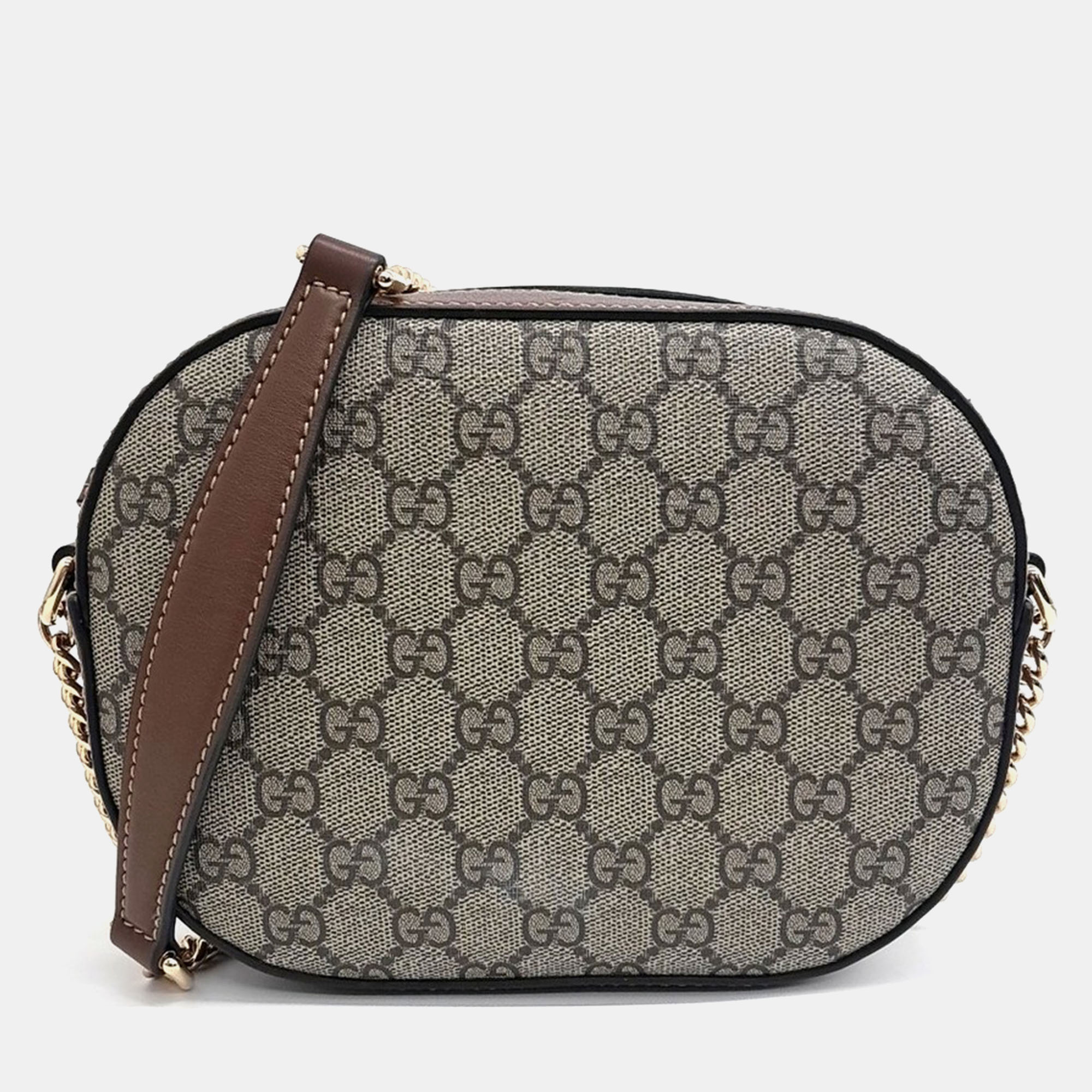 Pre-owned Gucci Beige Brown Coated Canvas And Leather Gg Supreme Mini Chain Crossbody Bag In Sand