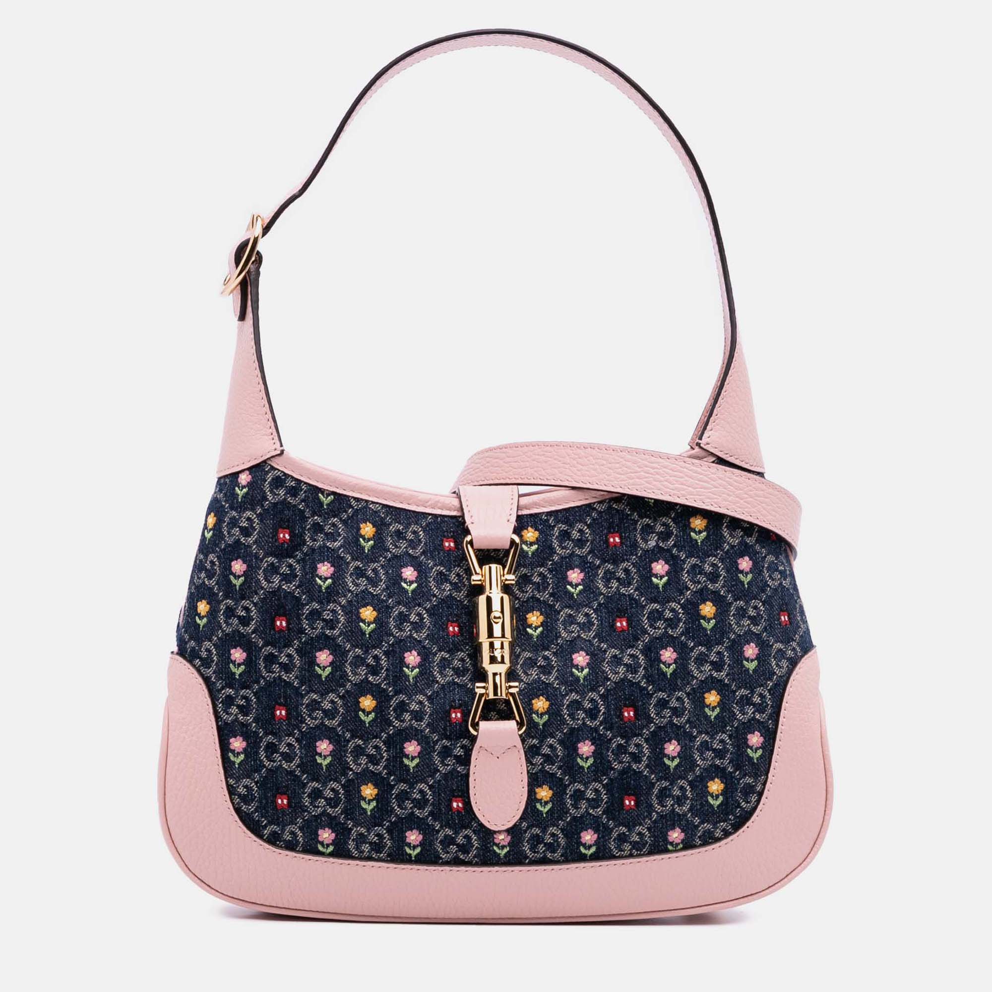 

Gucci Blue Pink Limited Edition Small GG Embroidered Denim Floral Jackie 1961 Crossbody