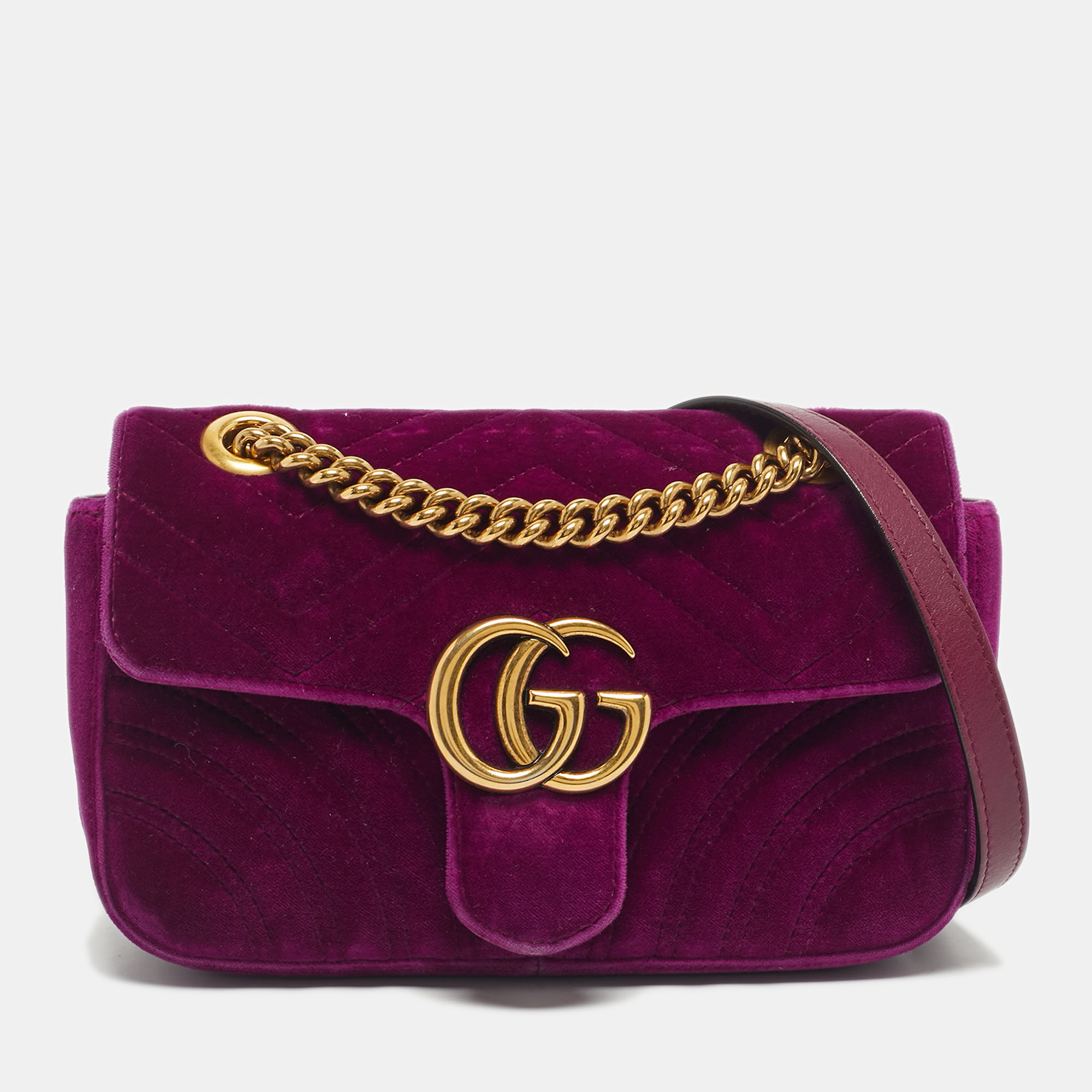 

Gucci Purple Matelassé Velvet Mini GG Marmont Shoulder Bag, Pink