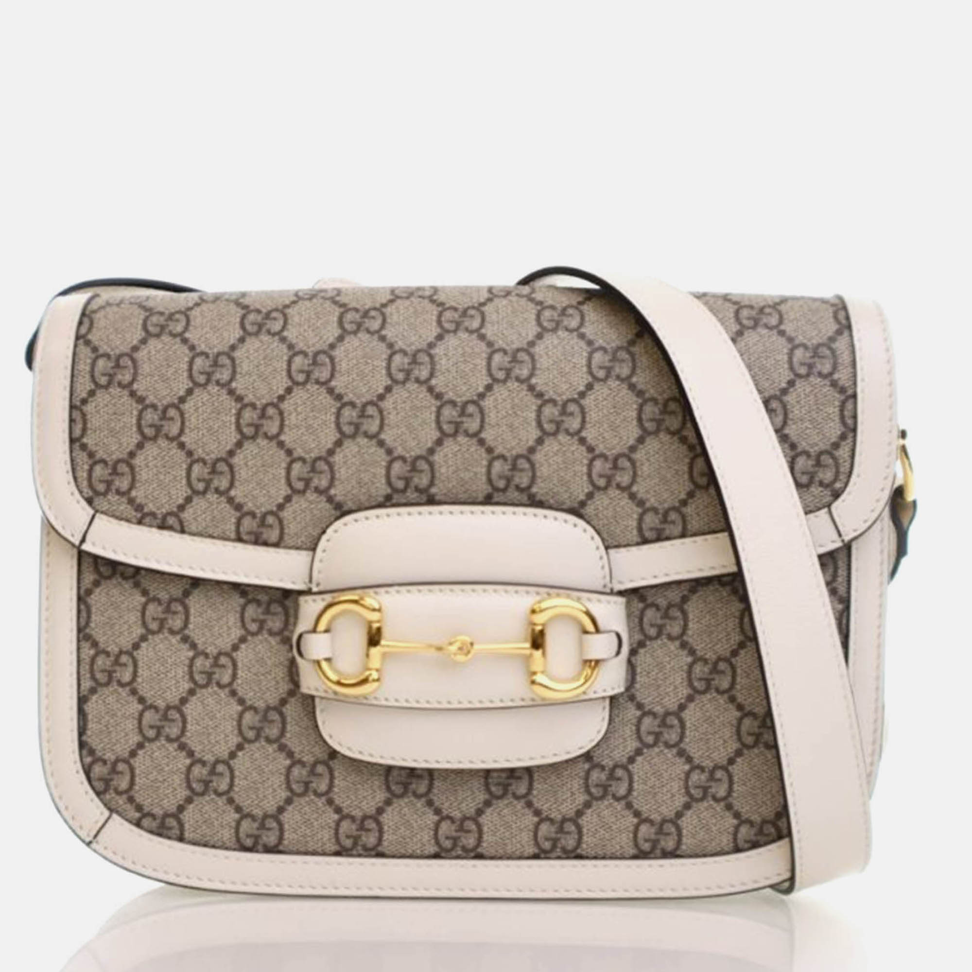 

Gucci Horsebit 1955 Medium White GG Supreme Coated Canvas and Calfskin Shoulder Bag, Brown