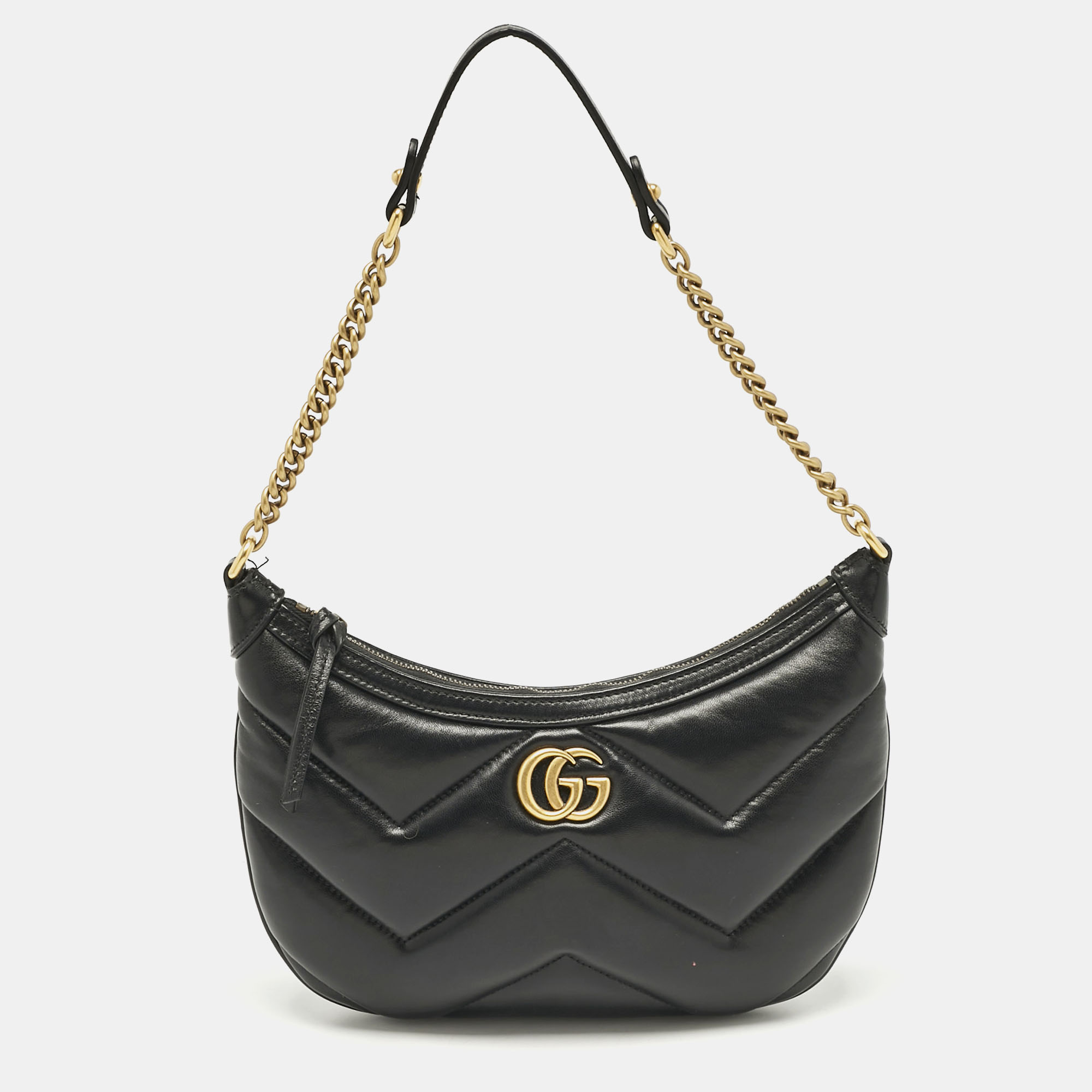 

Gucci Black Matelassé Leather GG Marmont Zip Hobo
