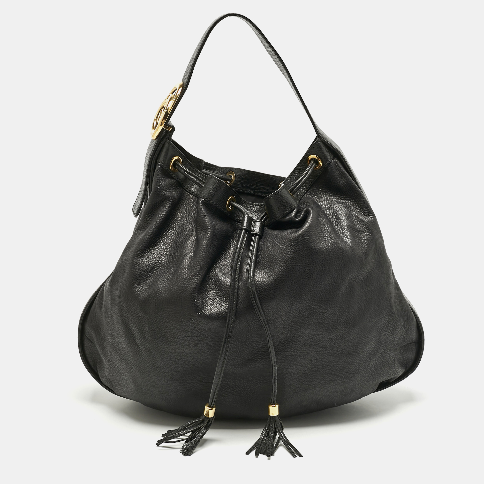 

Gucci Black Leather Interlocking Icon Drawstring Hobo