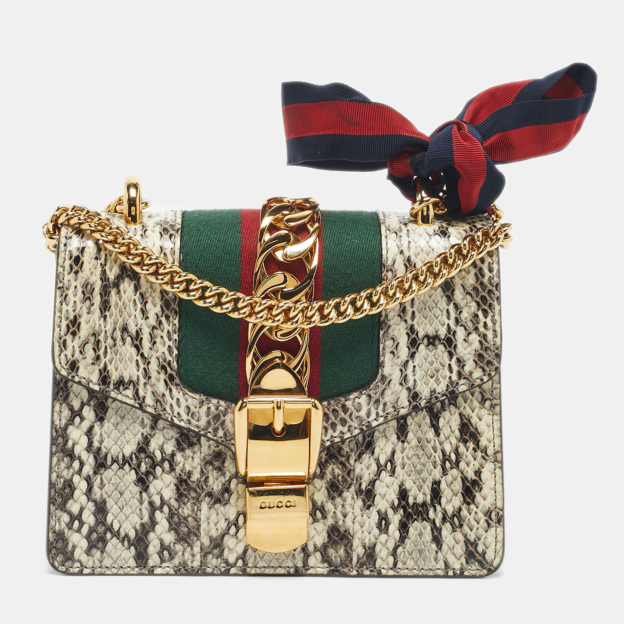 

Gucci Black/White Watersnake Leather Mini Web Chain Sylvie Shoulder Bag