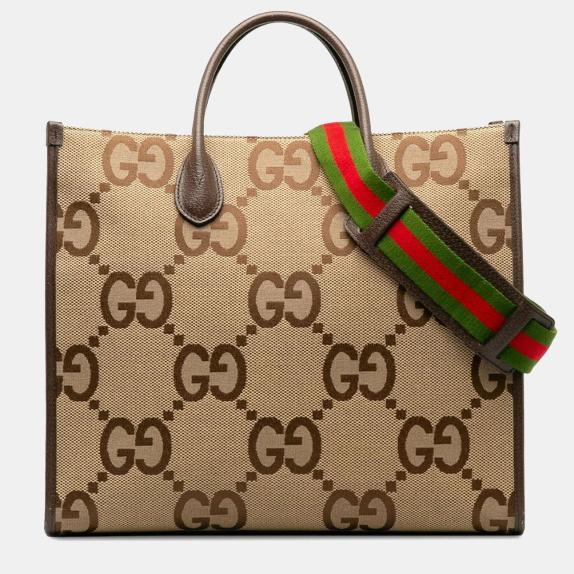 Pre-owned Gucci Jumbo Gg Sherry Line Shoulder Bag Tote Beige Multicolor Canvas Leather In Sand