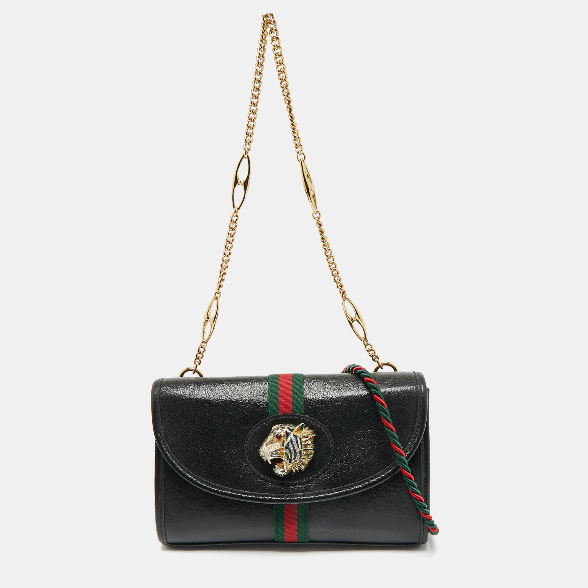 

Gucci Black Leather Web Rajah Small Flap Shoulder Bag