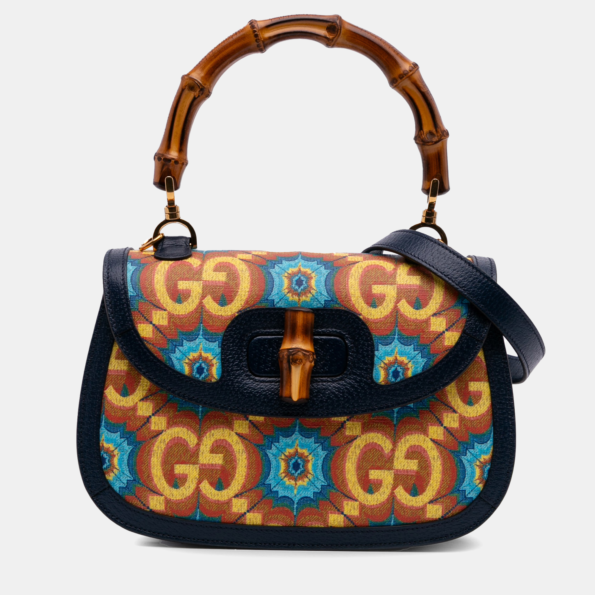 

Gucci Blue Orange 100th Anniversary Medium GG Coated Canvas Kaleidoscope 1947 Bamboo Top Handle Bag